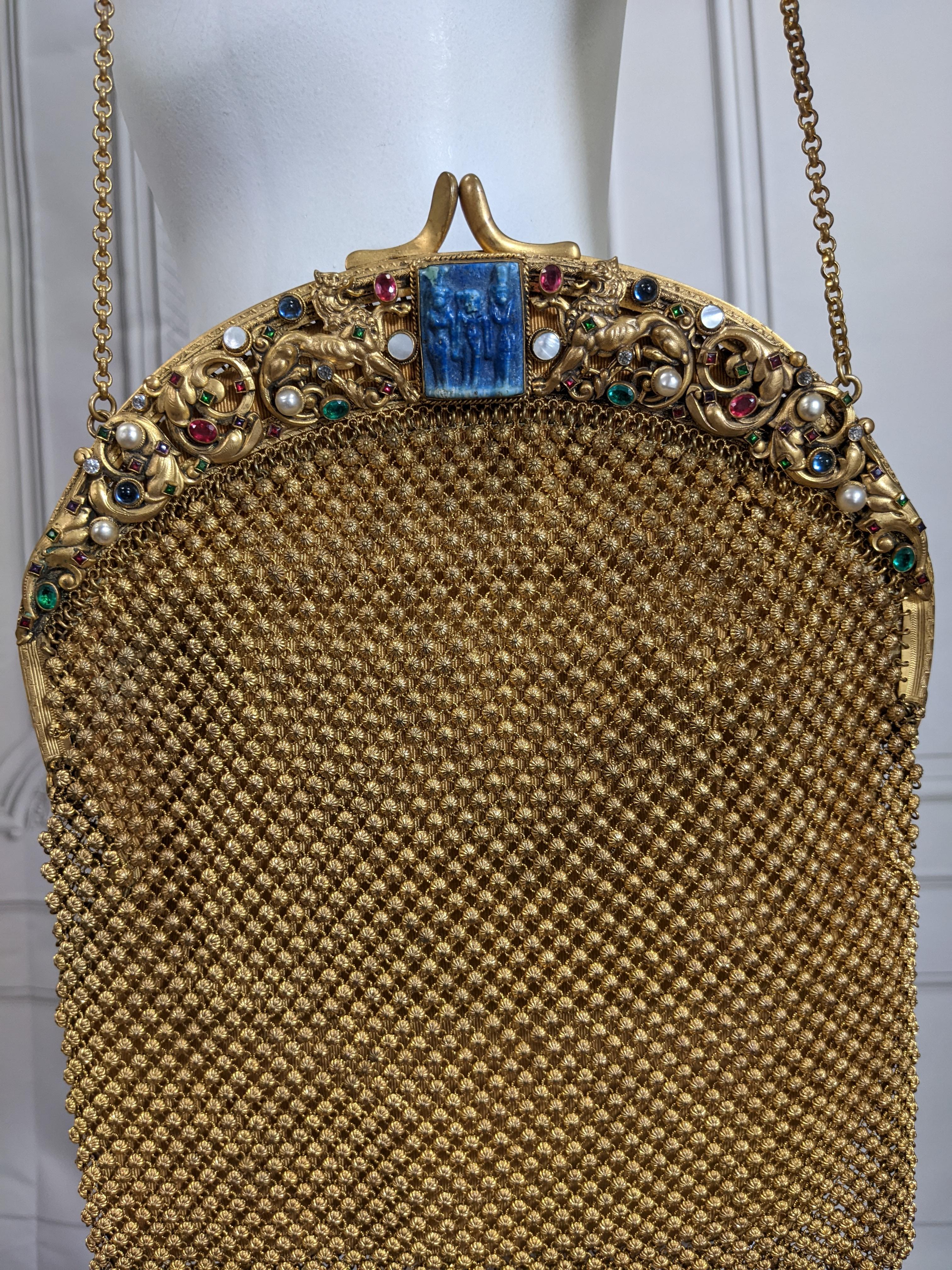 Exceptional 1920's Czech Egyptian Revival Jeweled Mesh Purse For Sale 5