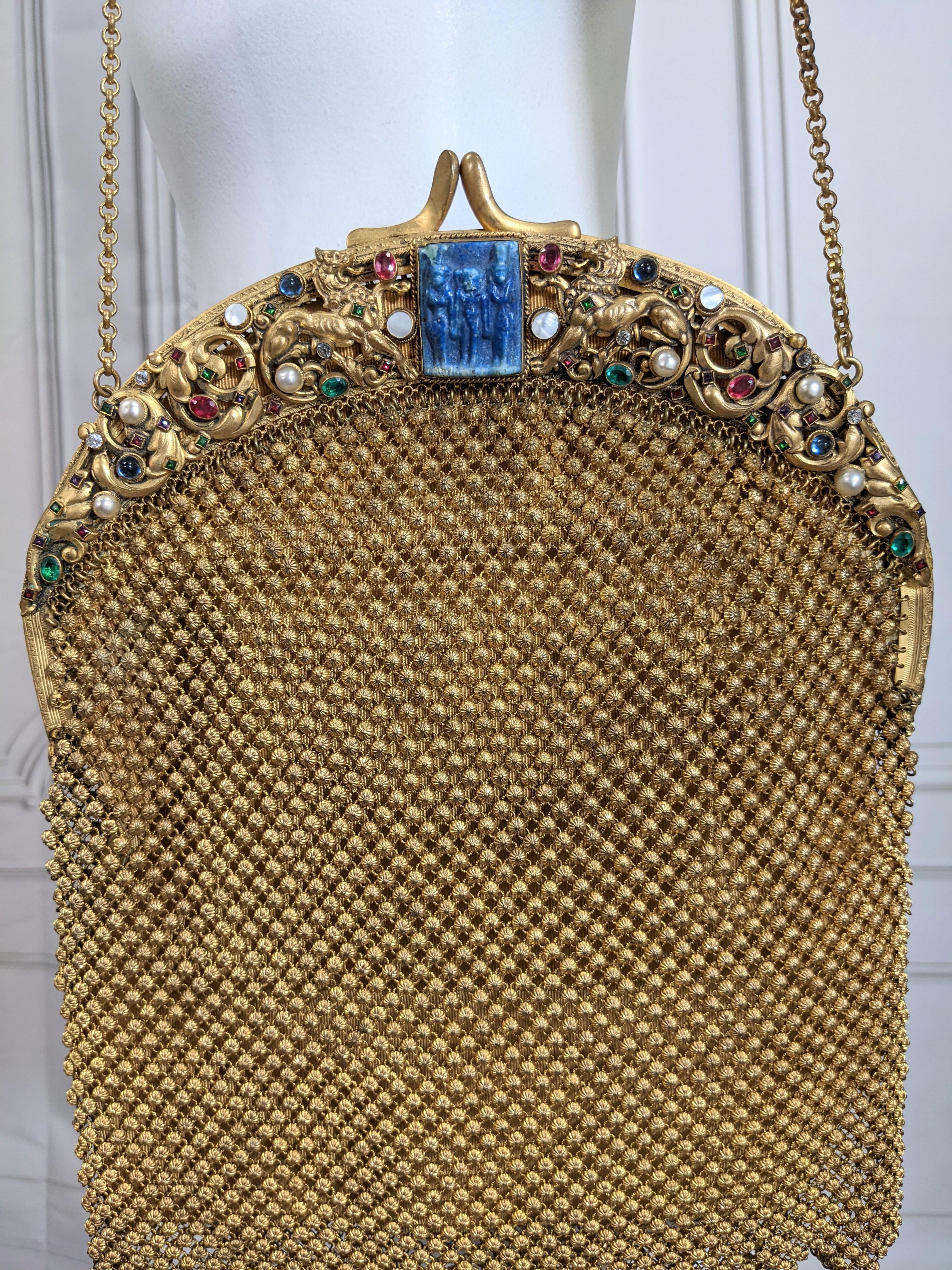 Exceptional 1920's Czech Egyptian Revival Jeweled Mesh Purse For Sale 1