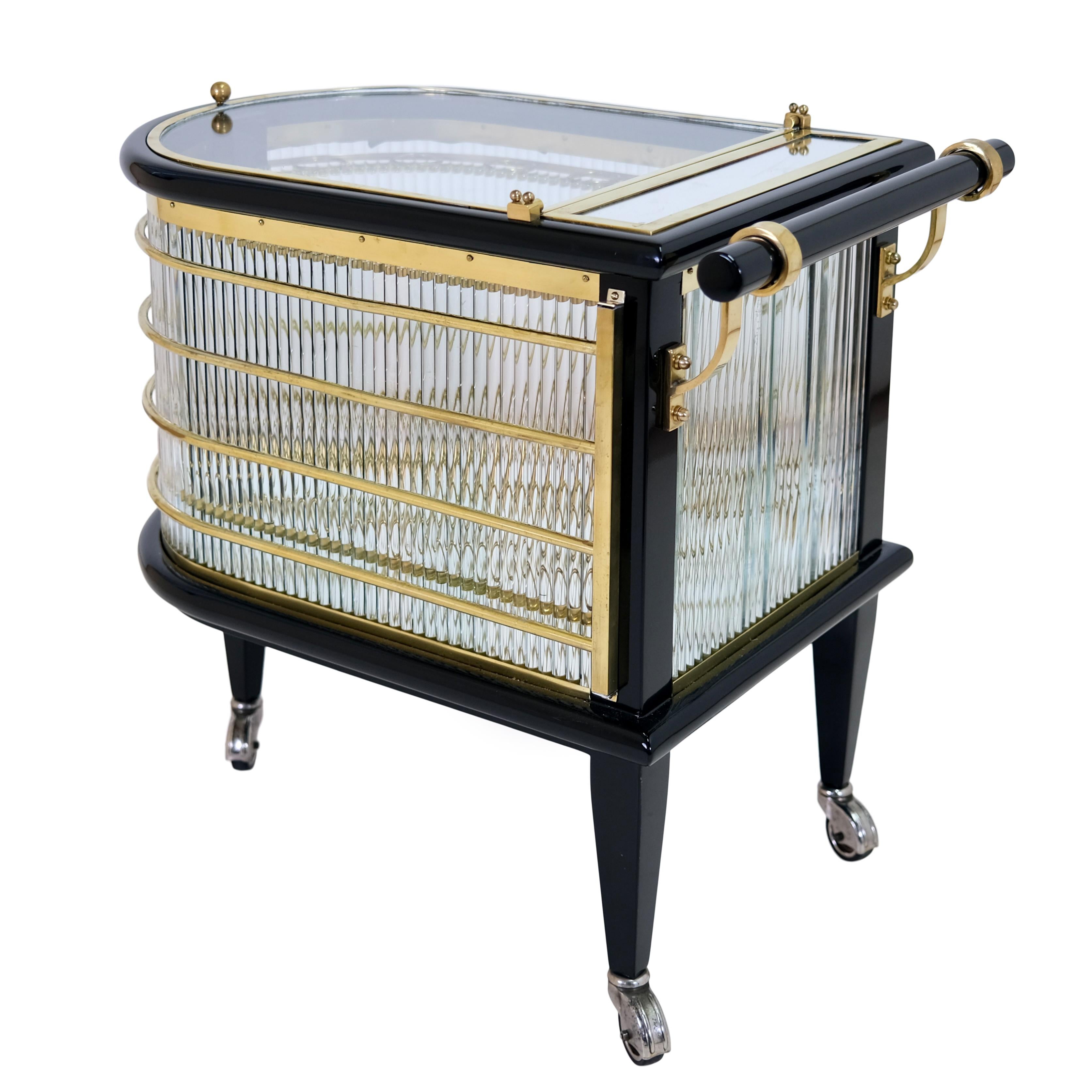 Exceptional 1920s French Art Deco Bar Cart in Lacquered Wood Brass and Glass 2