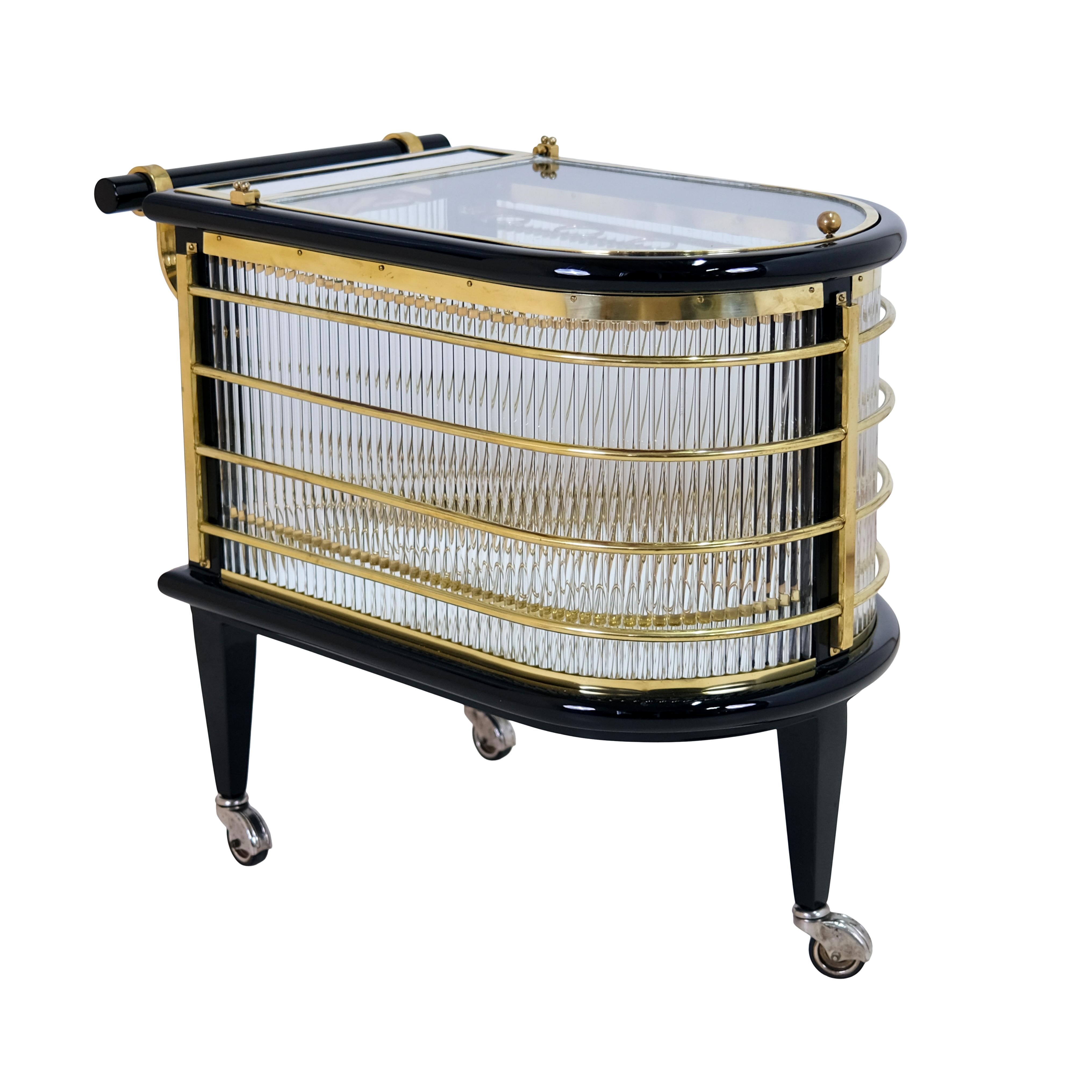 Exceptional 1920s French Art Deco Bar Cart in Lacquered Wood Brass and Glass 4