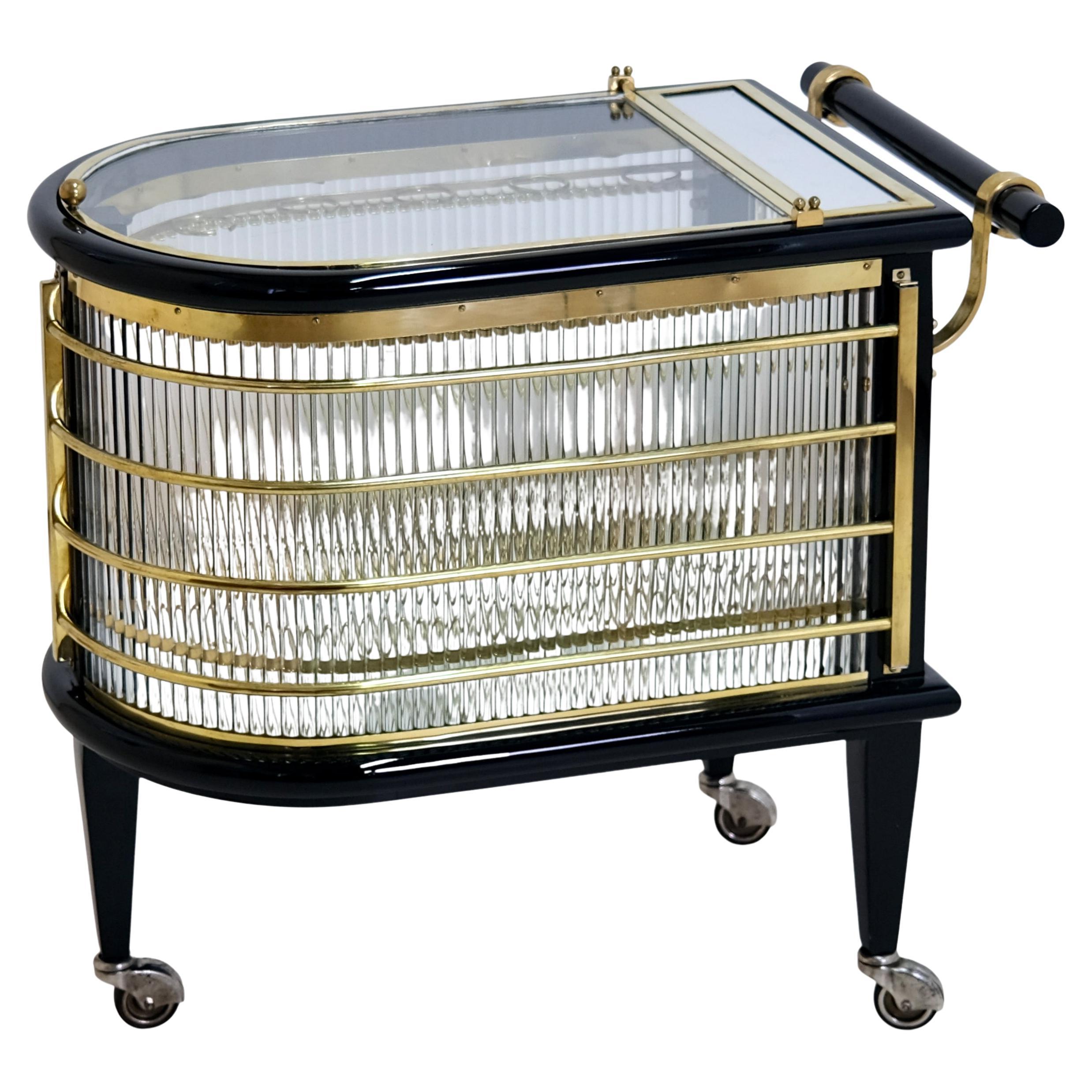 Exceptional 1920s French Art Deco Bar Cart in Lacquered Wood Brass and Glass