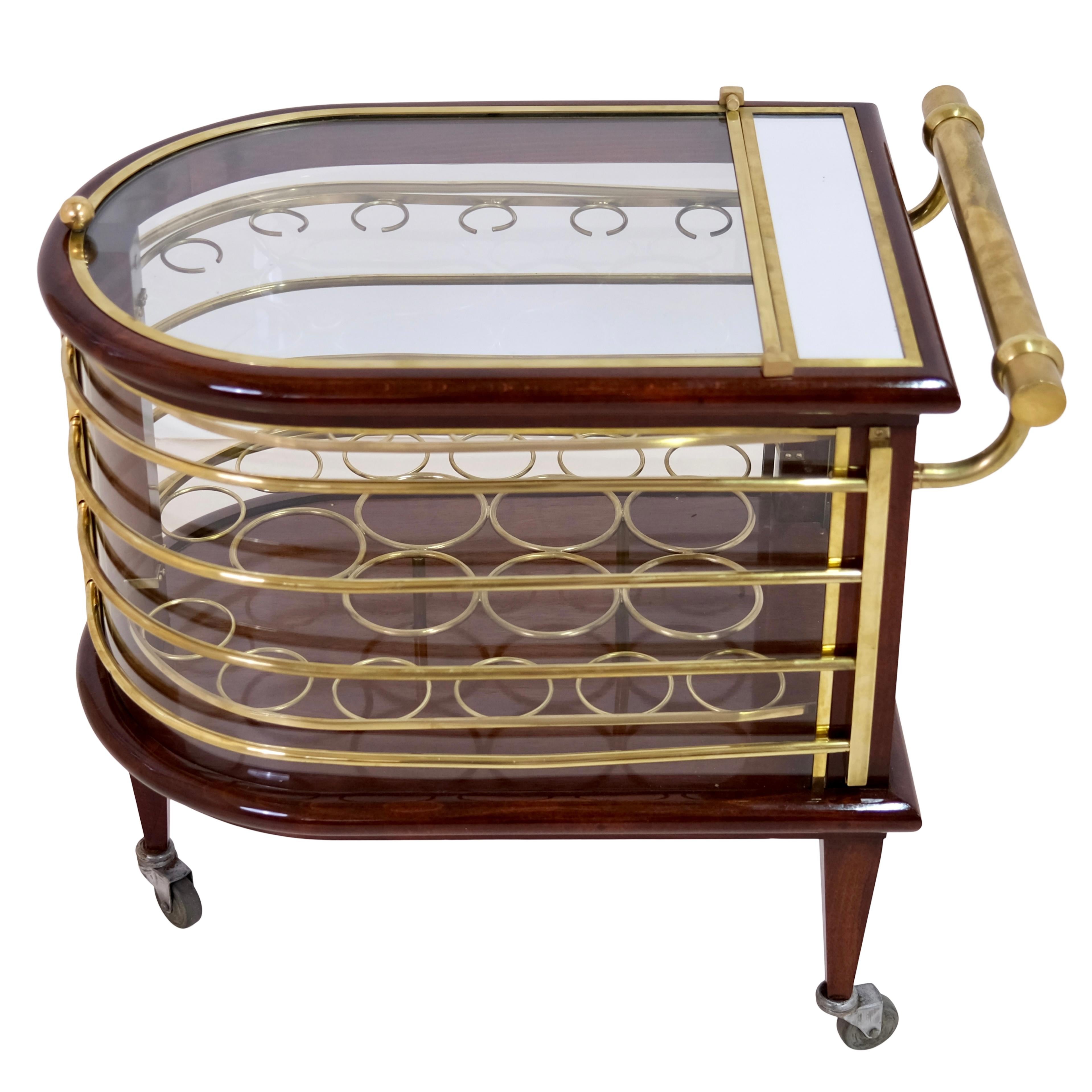 Polished Exceptional 1920s French Art Deco Bar Cart in Wood and Brass with Vitrine Case