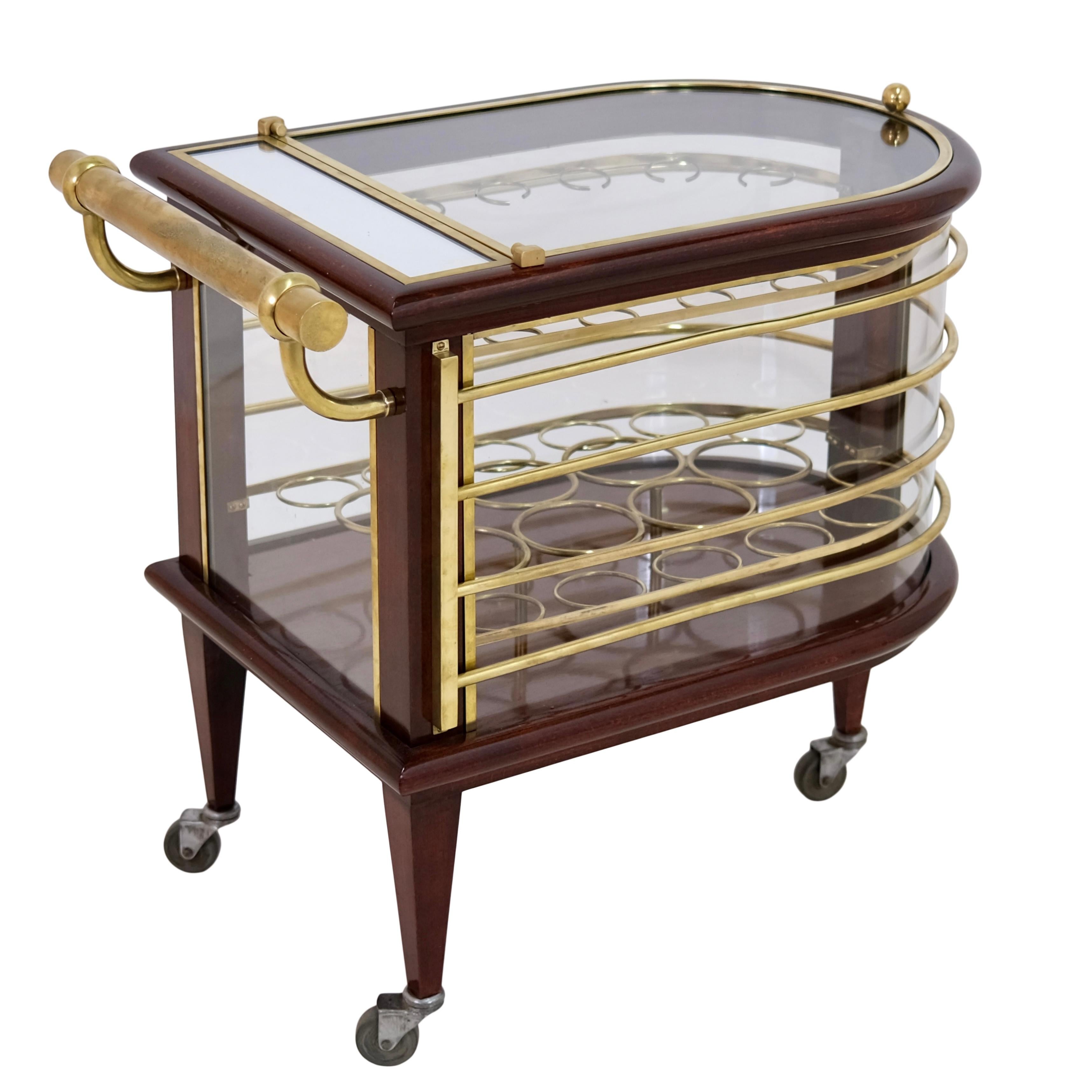Exceptional 1920s French Art Deco Bar Cart in Wood and Brass with Vitrine Case In Good Condition In Ulm, DE