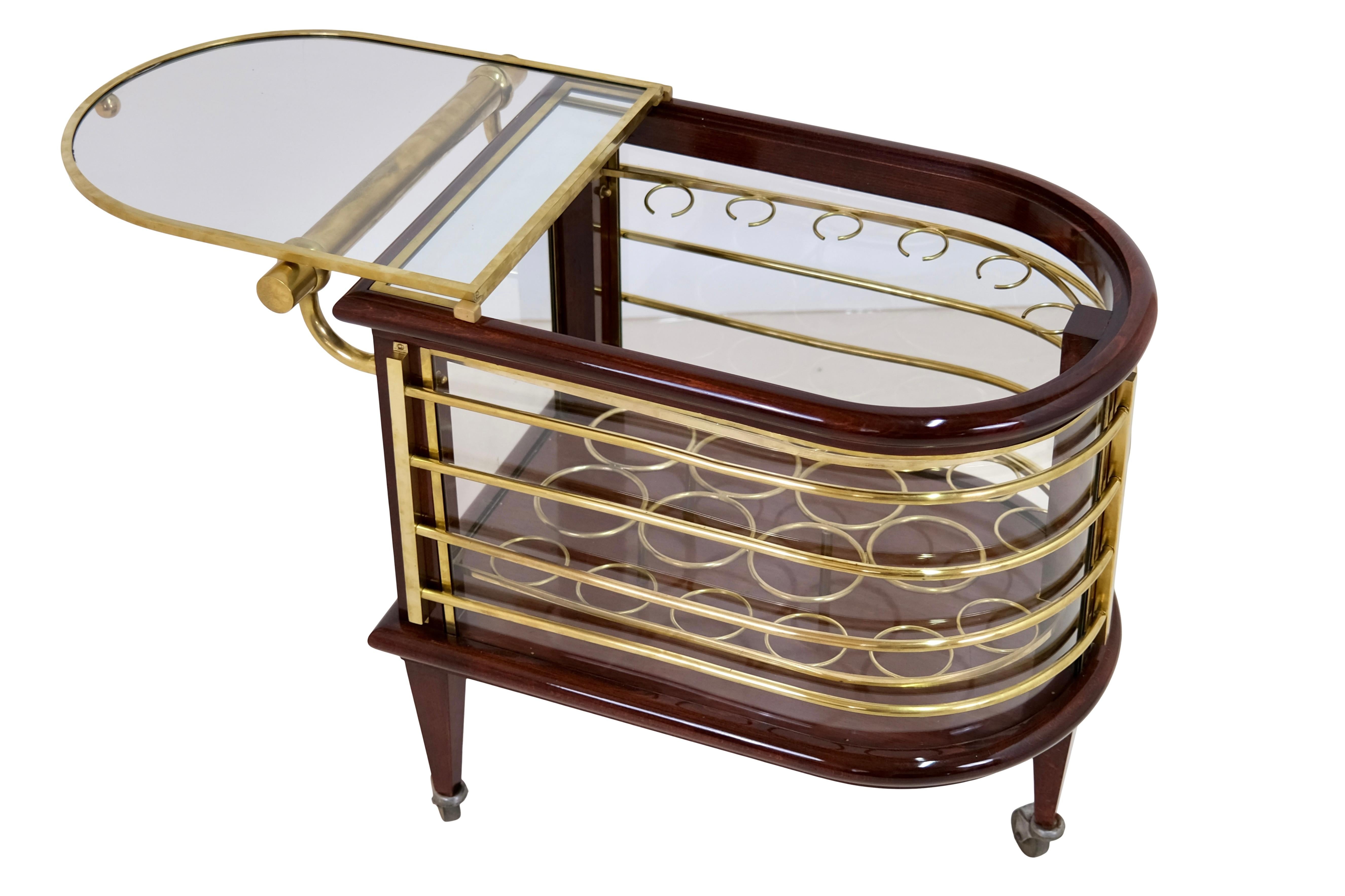 Early 20th Century Exceptional 1920s French Art Deco Bar Cart in Wood and Brass with Vitrine Case