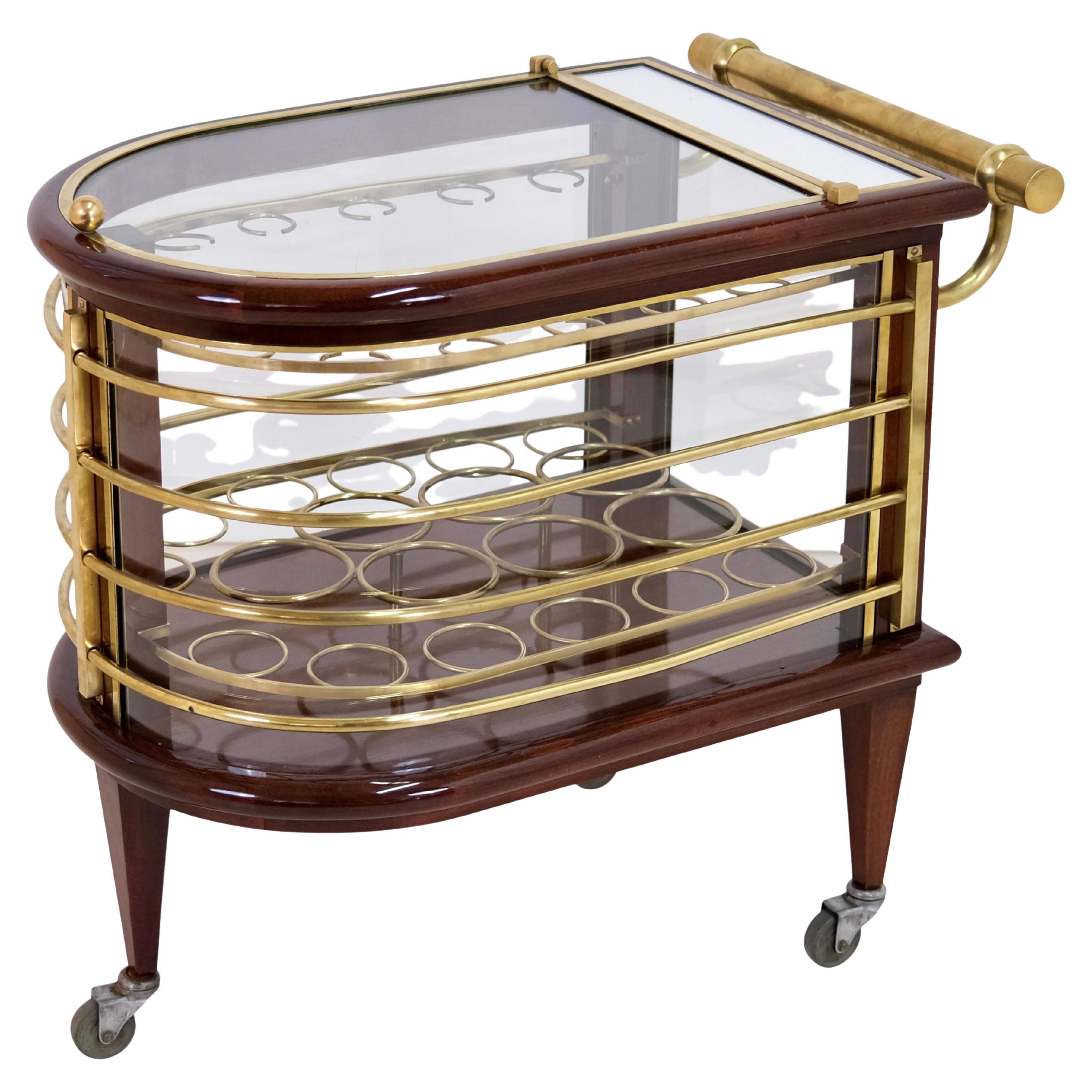 Exceptional 1920s French Art Deco Bar Cart in Wood and Brass with Vitrine Case