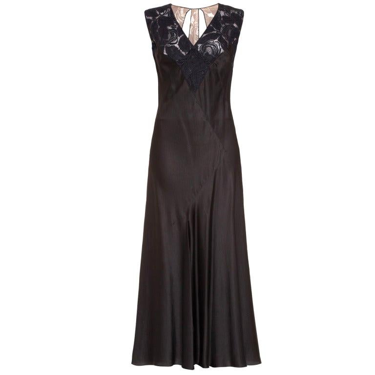 Exceptional 1930s Art Deco Rose Print Black Liquid Satin Evening Dress