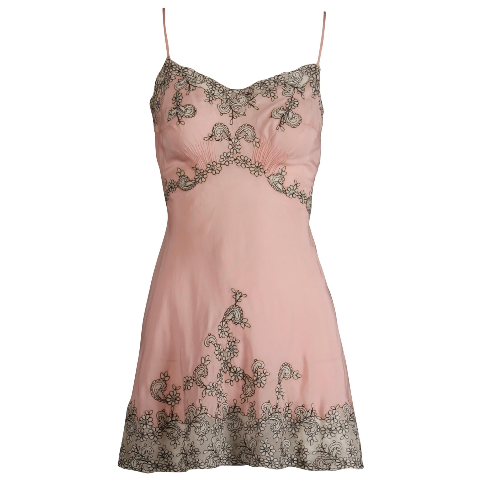 Exceptional 1930s Vintage Embroidered Pink Silk Lingerie (Slip Dress/ Negligee)