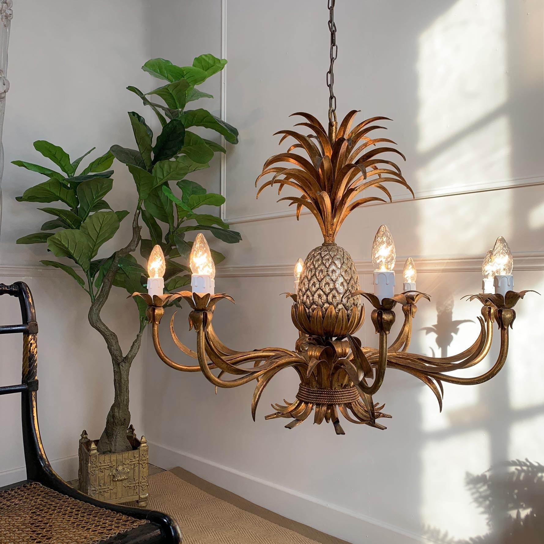 Iron Exceptional 1950’s Maison Charles Att. Gilt Pineapple Chandelier For Sale