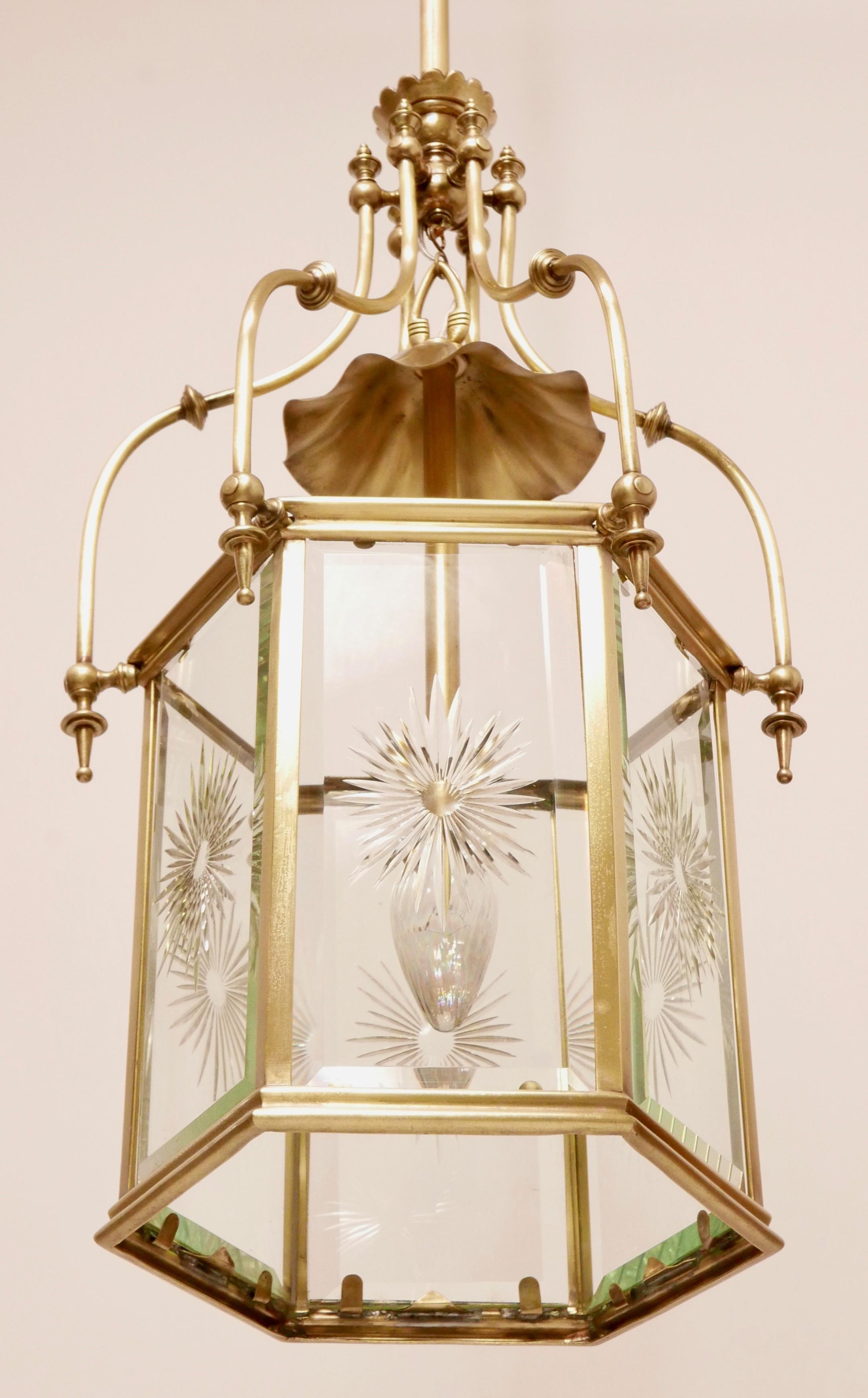 Exceptional 19th Century Brass & Cut Glass Hexagon Shaped Entry or Hall Lantern For Sale 6