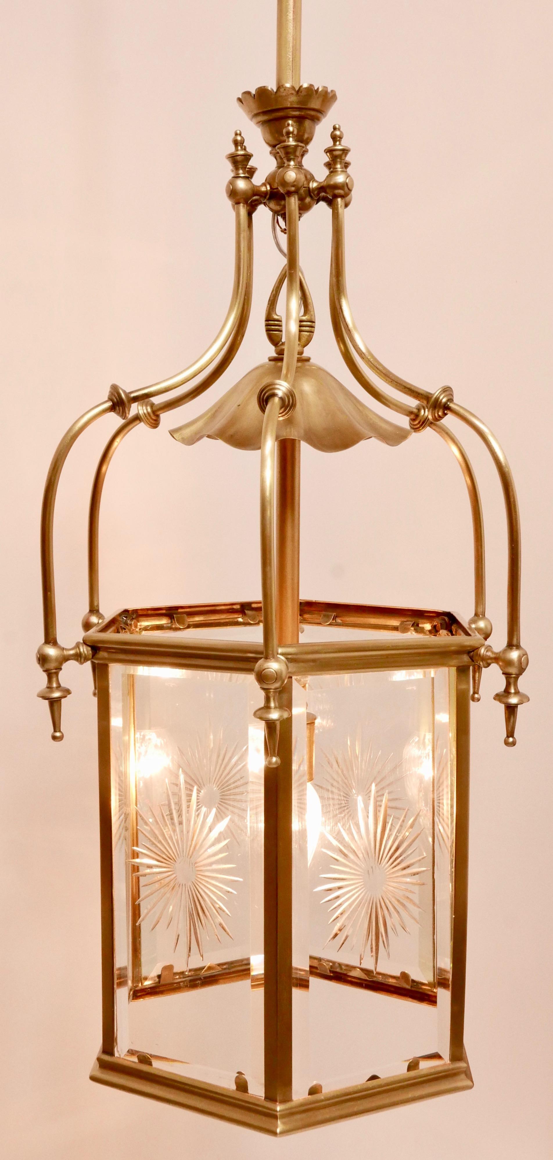 Exceptional 19th Century Brass & Cut Glass Hexagon Shaped Entry or Hall Lantern For Sale 7