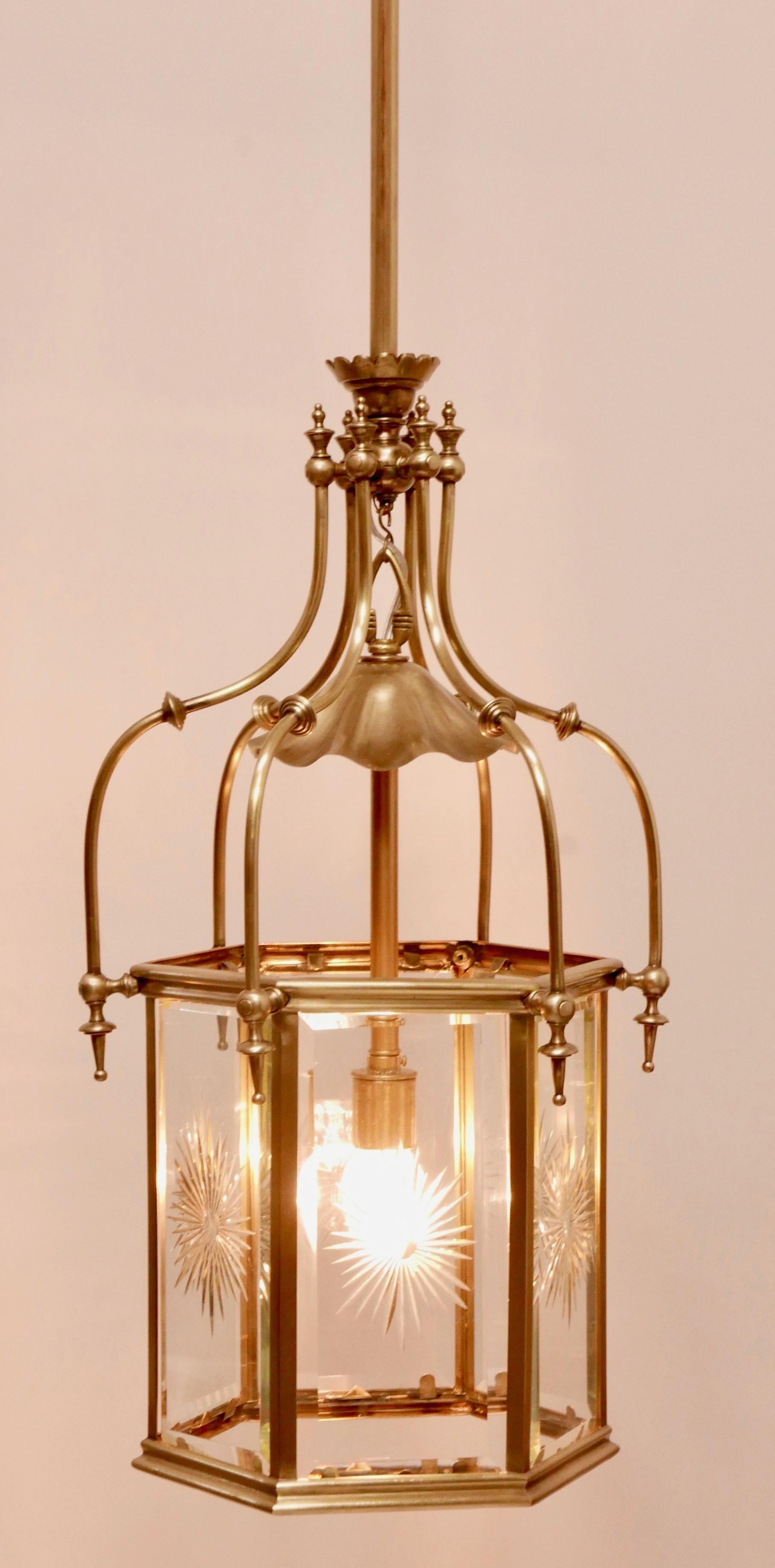 Exceptional 19th Century Brass & Cut Glass Hexagon Shaped Entry or Hall Lantern For Sale 9