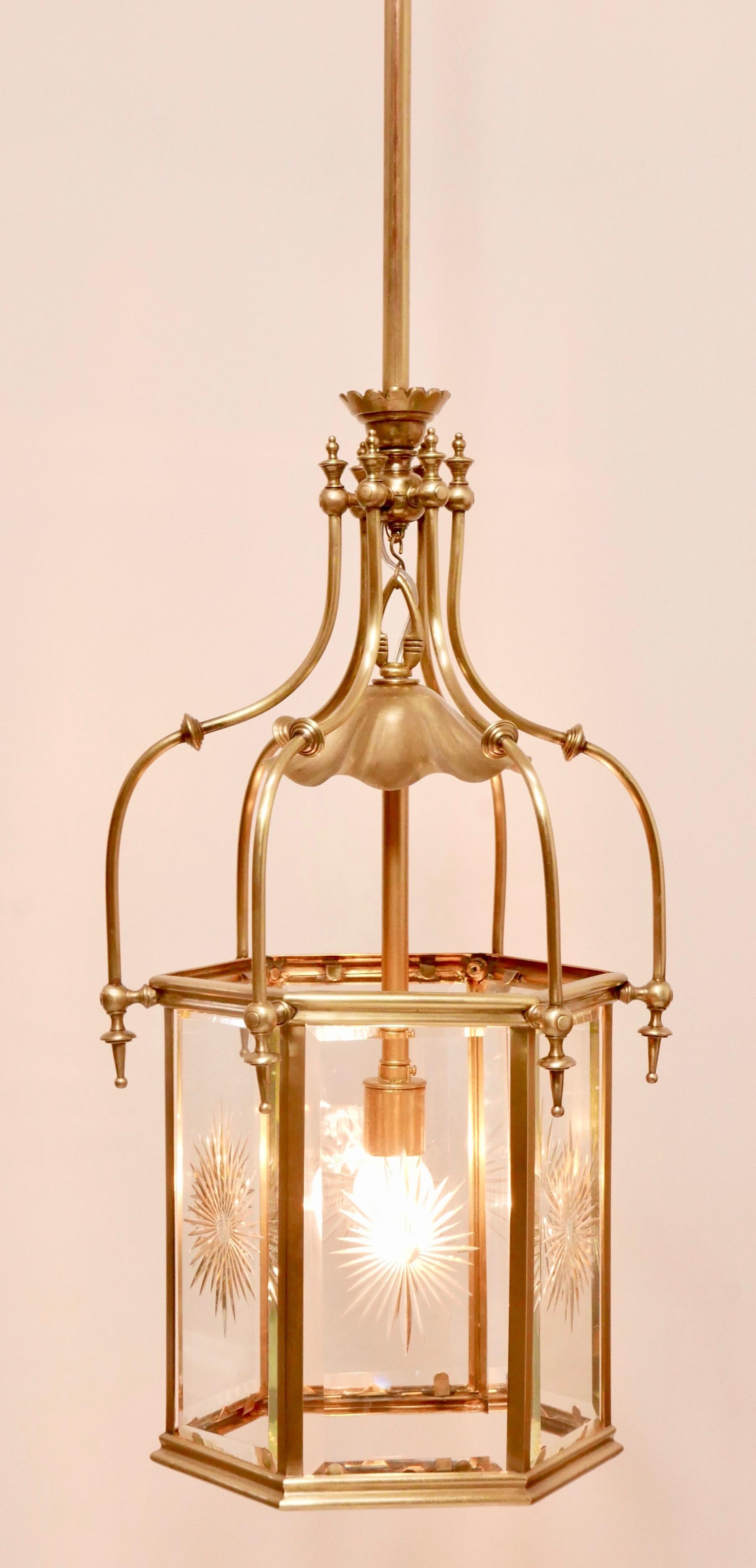 American Exceptional 19th Century Brass & Cut Glass Hexagon Shaped Entry or Hall Lantern For Sale