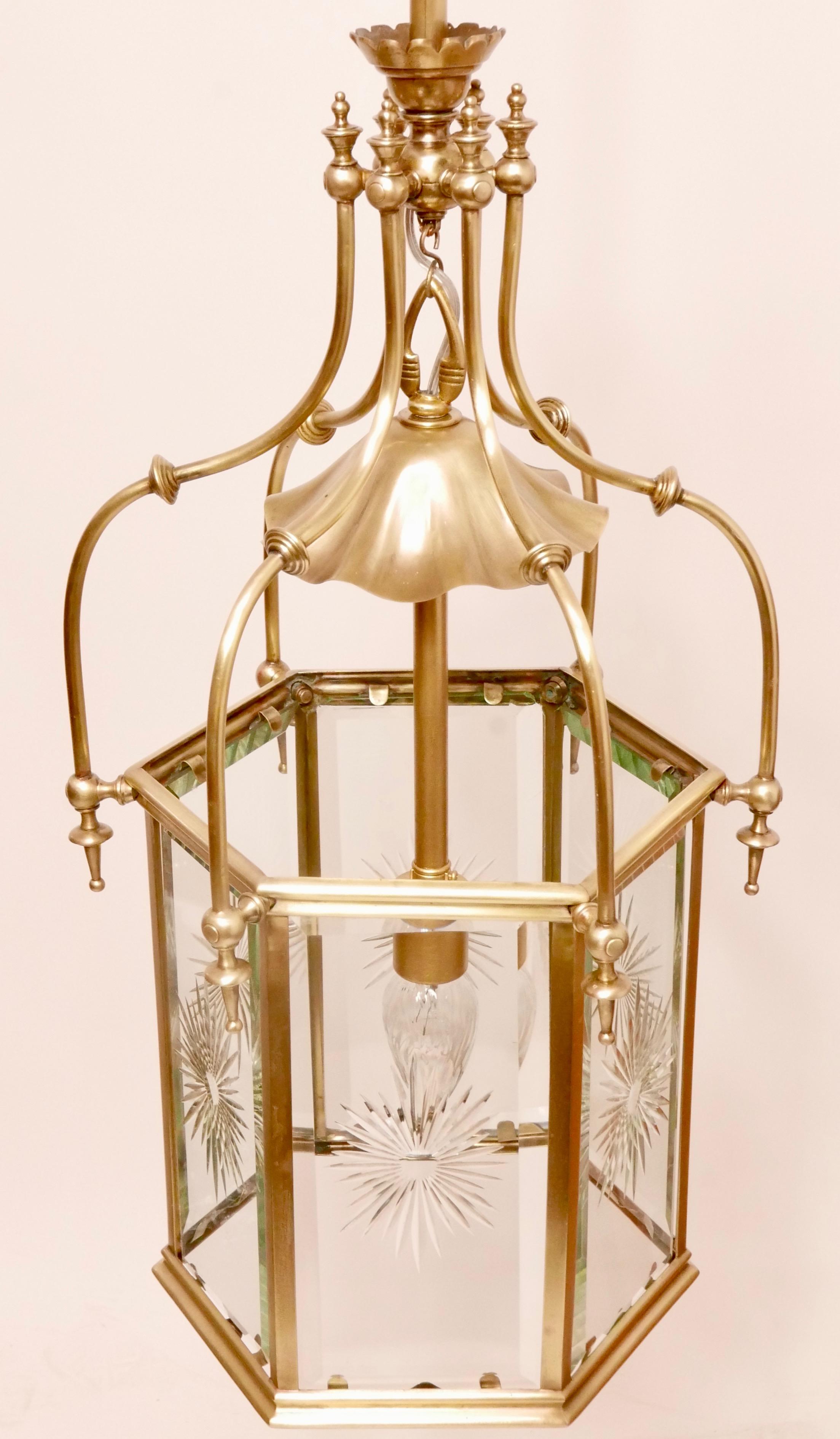 Exceptional 19th Century Brass & Cut Glass Hexagon Shaped Entry or Hall Lantern In Good Condition For Sale In San Francisco, CA