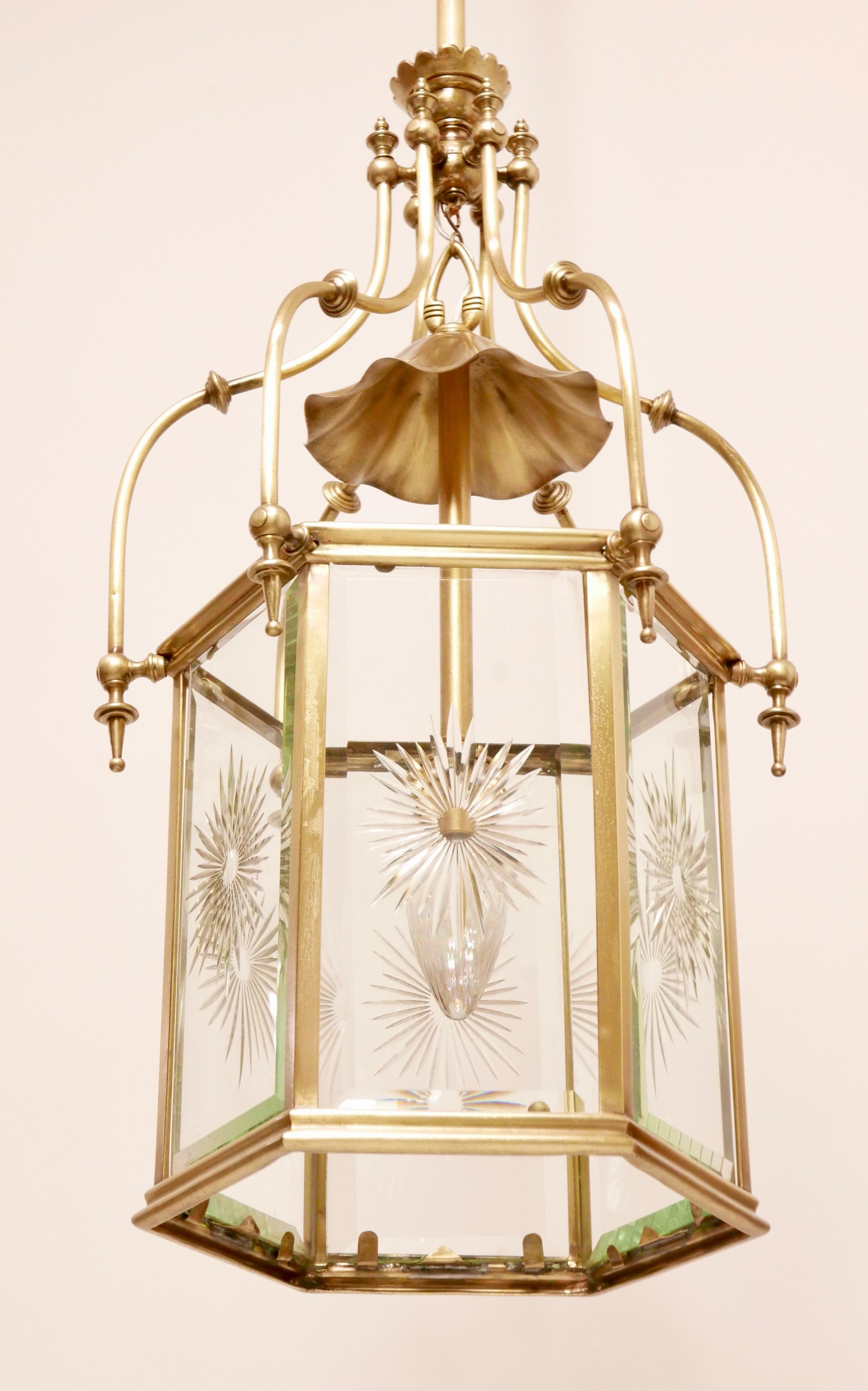 Exceptional 19th Century Brass & Cut Glass Hexagon Shaped Entry or Hall Lantern For Sale 2