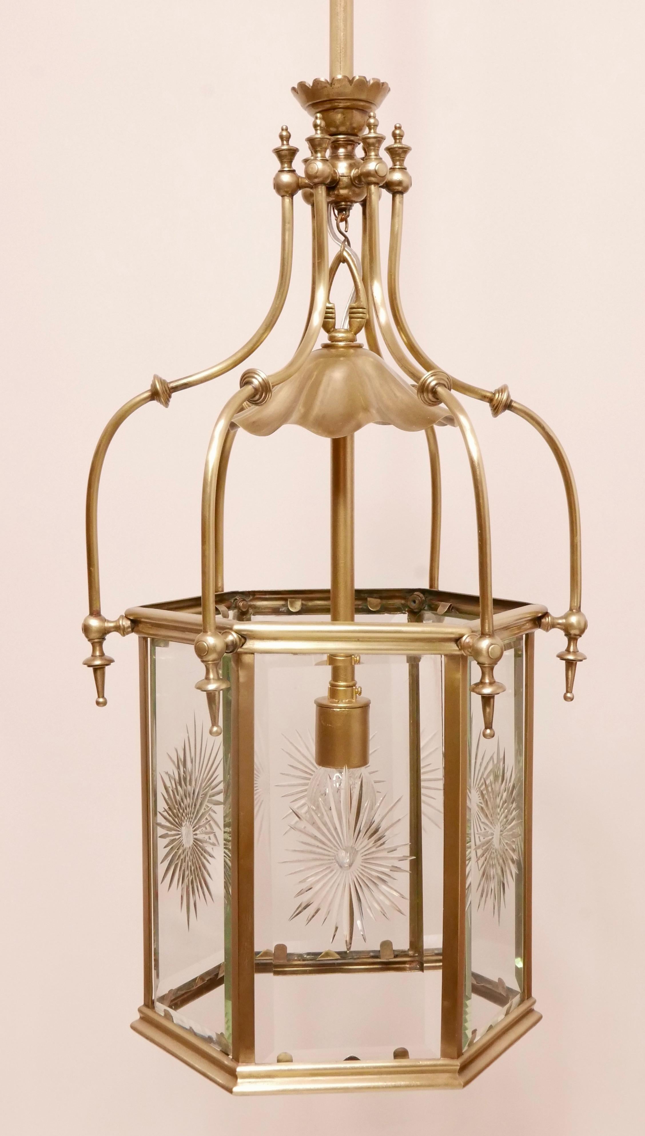 Exceptional 19th Century Brass & Cut Glass Hexagon Shaped Entry or Hall Lantern For Sale 3