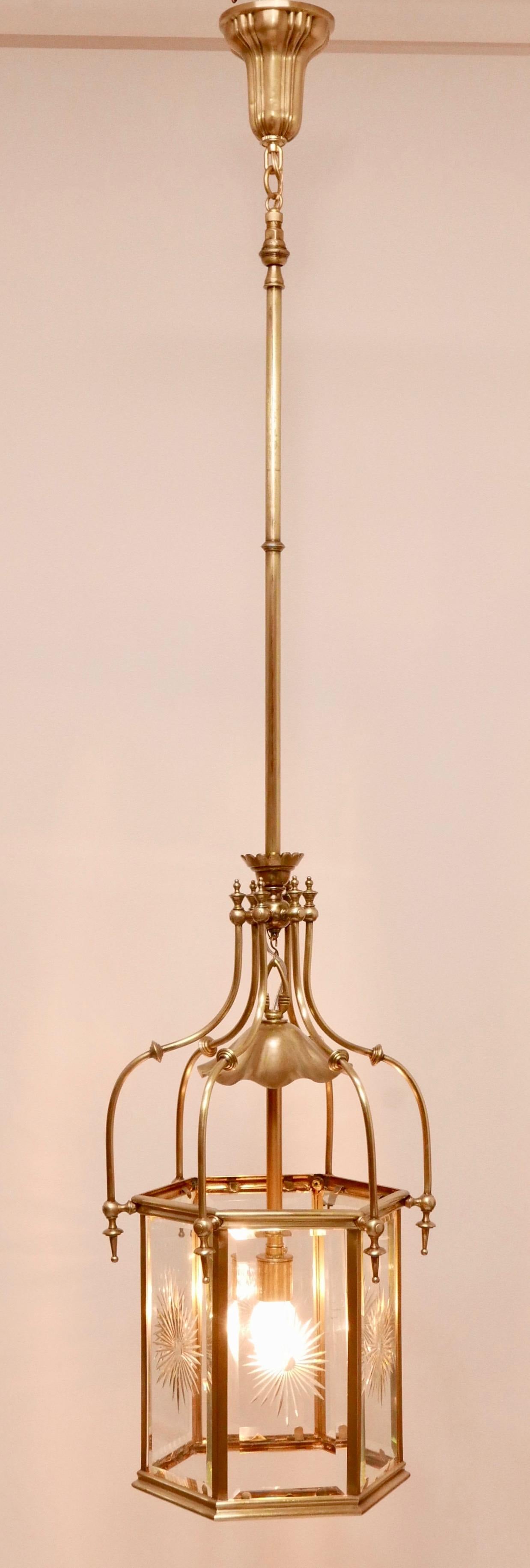 Exceptional 19th Century Brass & Cut Glass Hexagon Shaped Entry or Hall Lantern For Sale 4