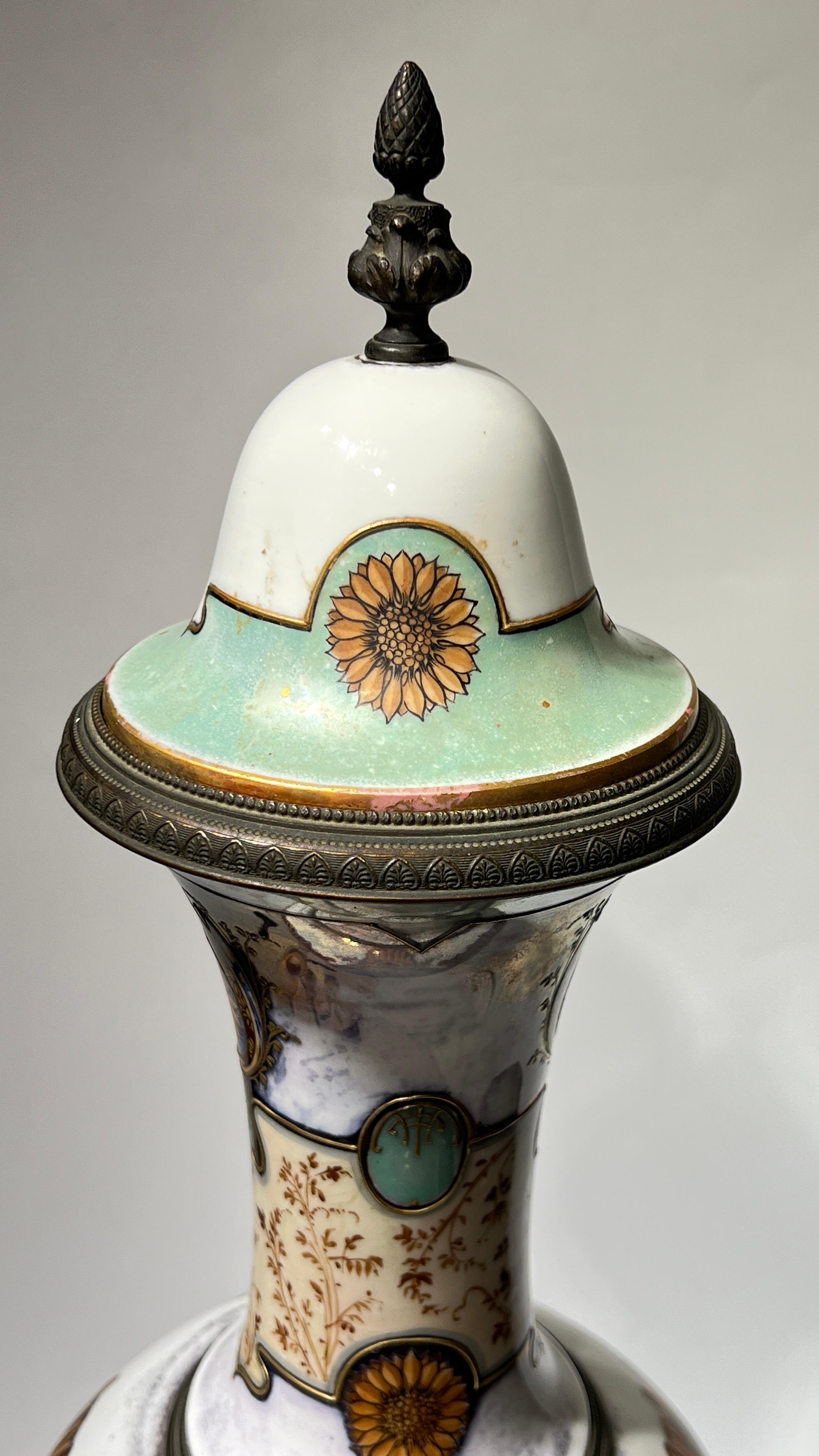Exceptional 19th C Neoclassical Sevres Style Porcelain Bronze Vase with Cover For Sale 4