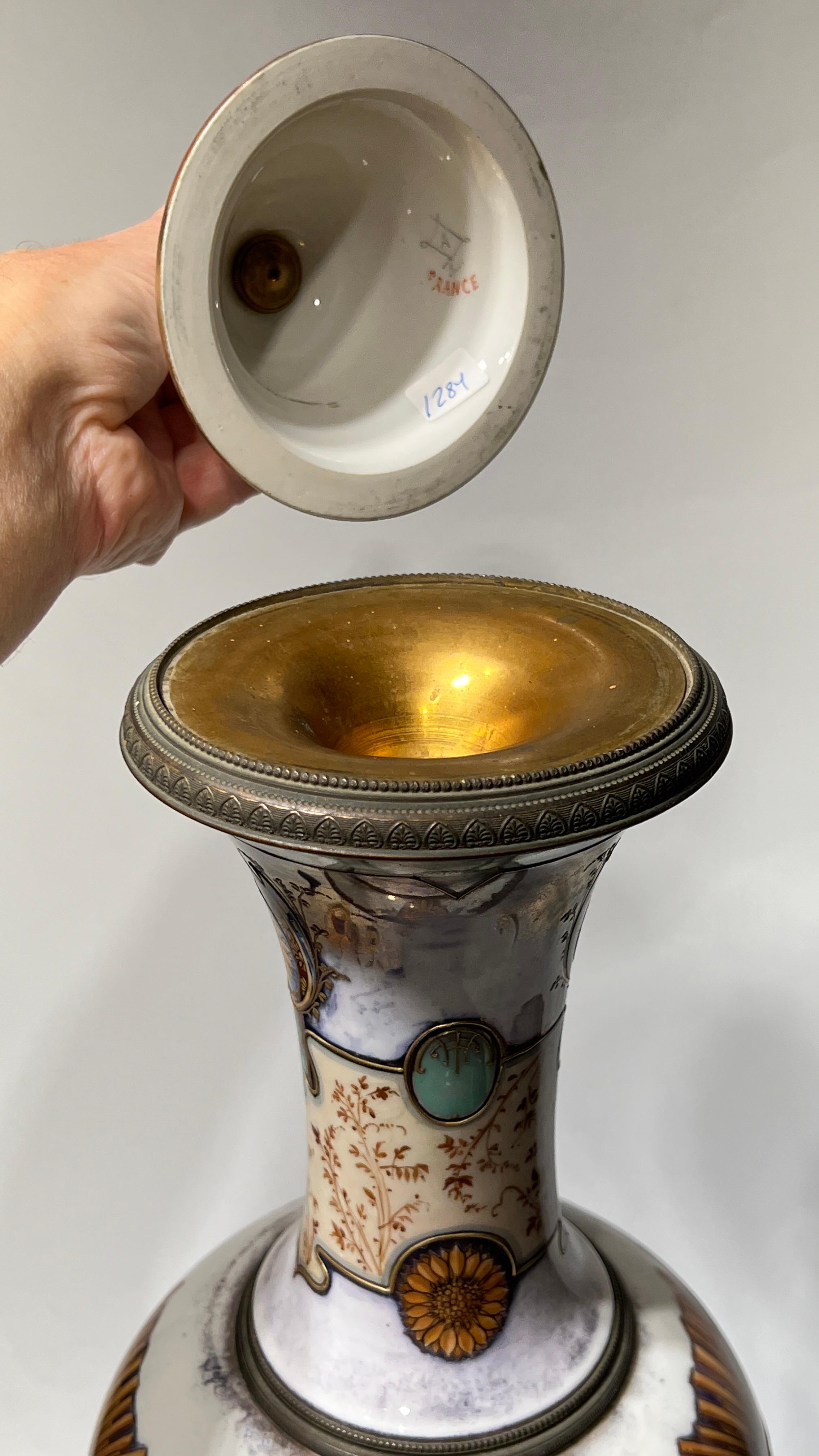 Exceptional 19th C Neoclassical Sevres Style Porcelain Bronze Vase with Cover For Sale 5