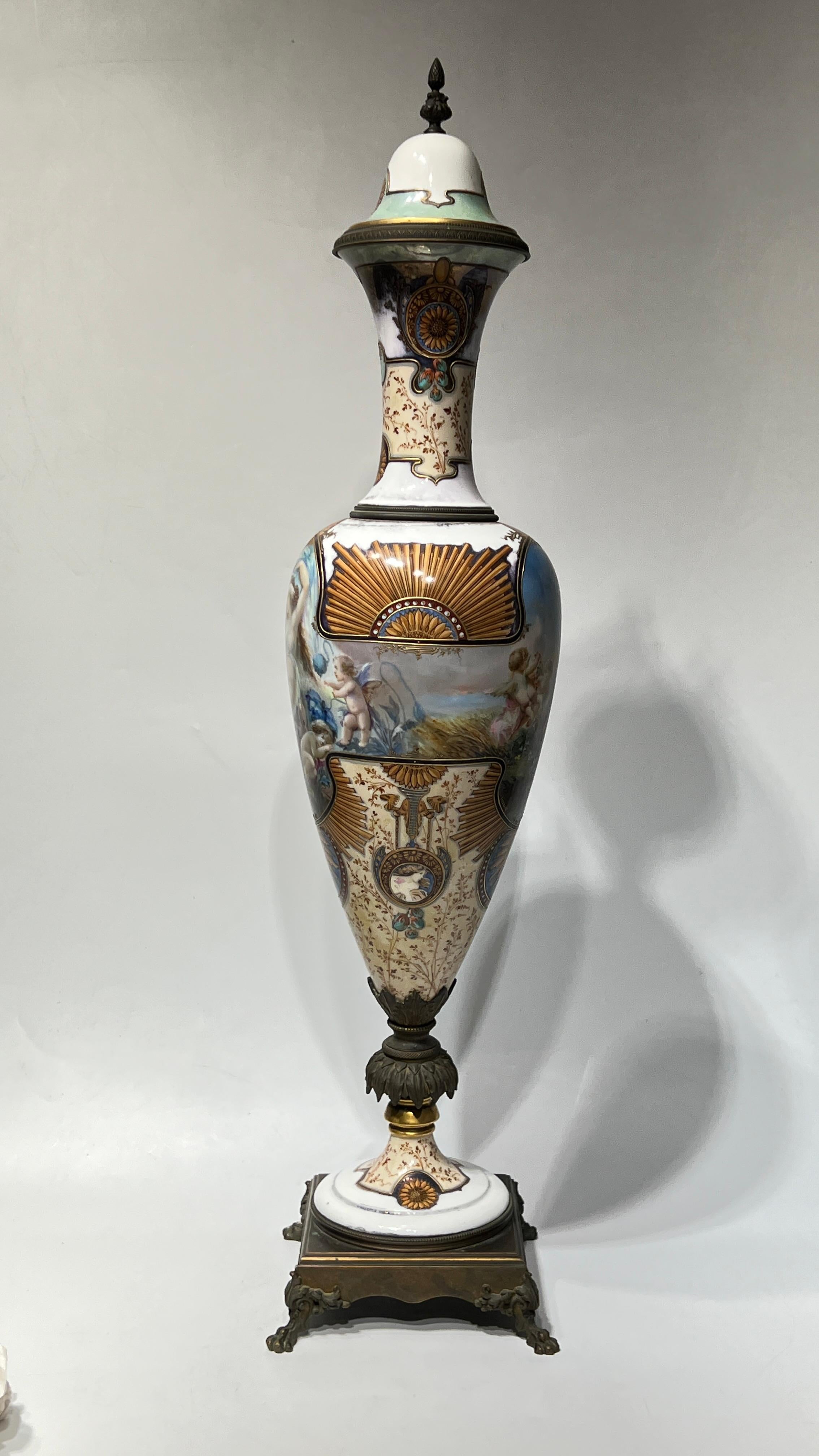 French Exceptional 19th C Neoclassical Sevres Style Porcelain Bronze Vase with Cover For Sale