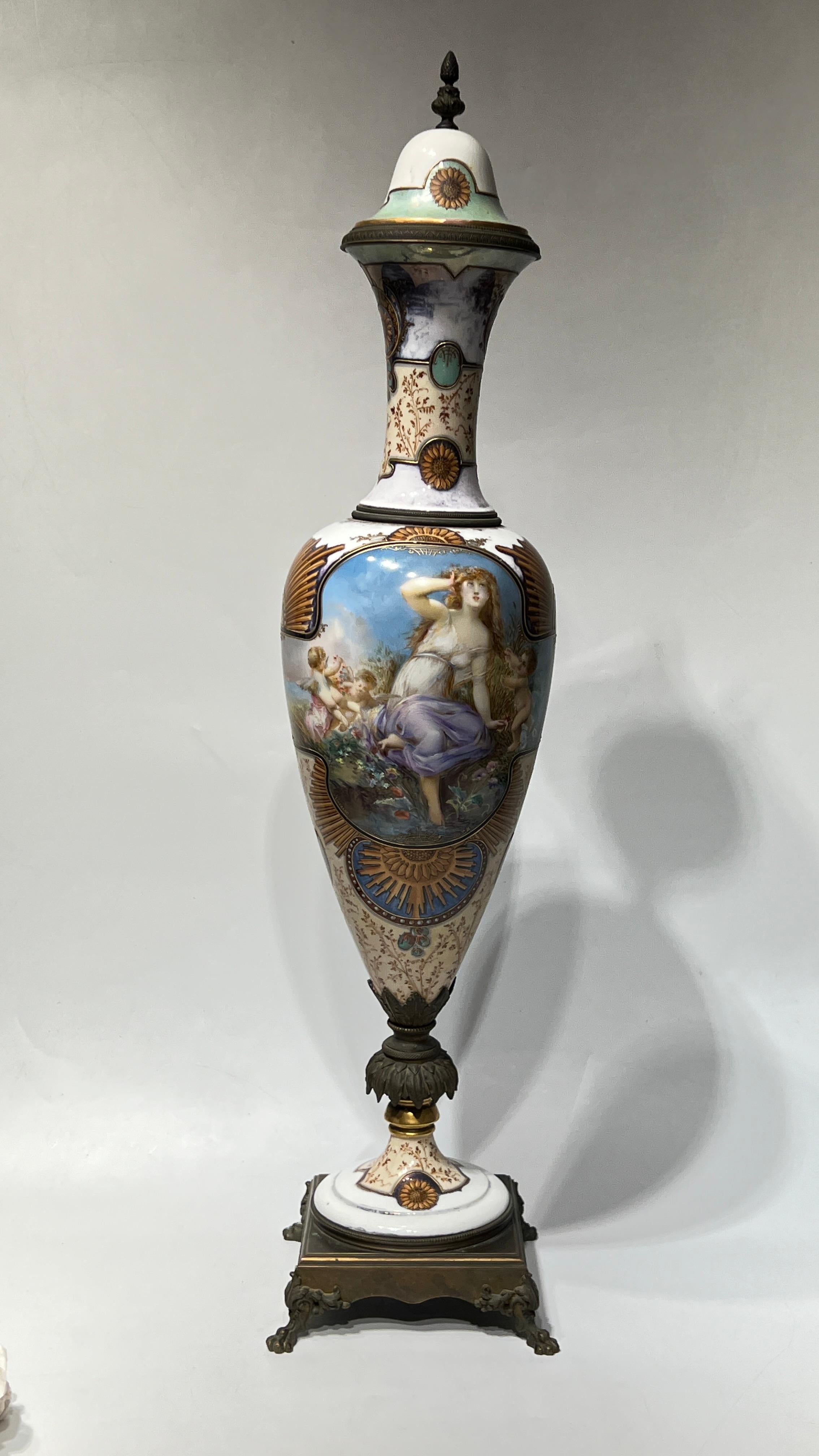 Hand-Painted Exceptional 19th C Neoclassical Sevres Style Porcelain Bronze Vase with Cover For Sale