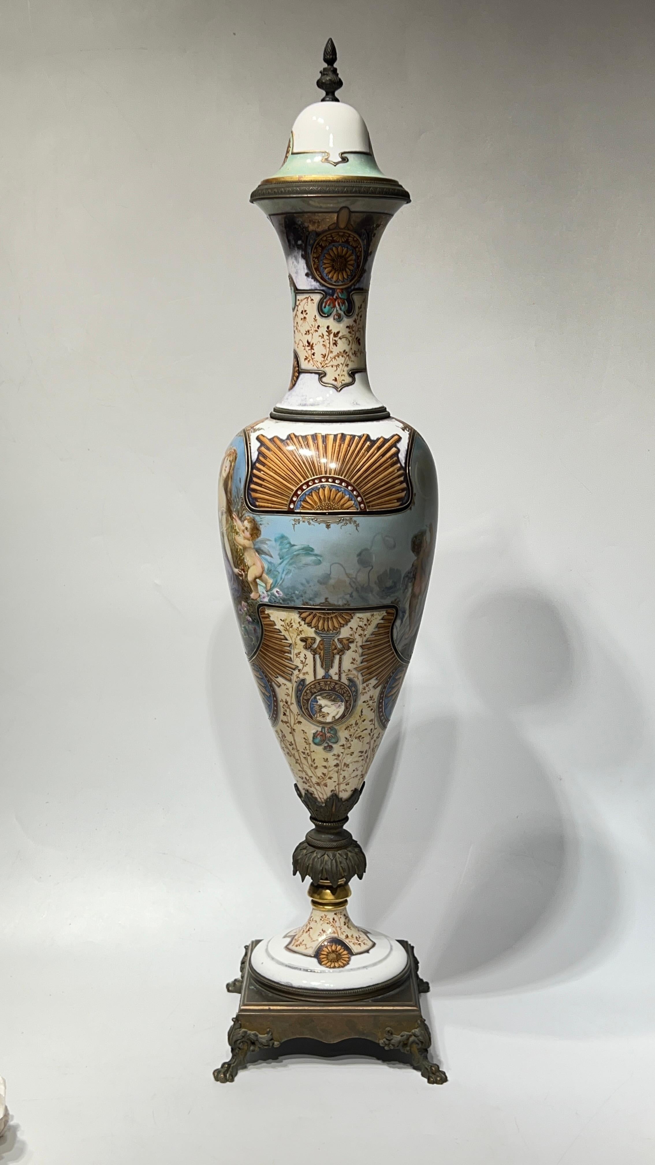 Exceptional 19th C Neoclassical Sevres Style Porcelain Bronze Vase with Cover In Good Condition For Sale In New York, NY