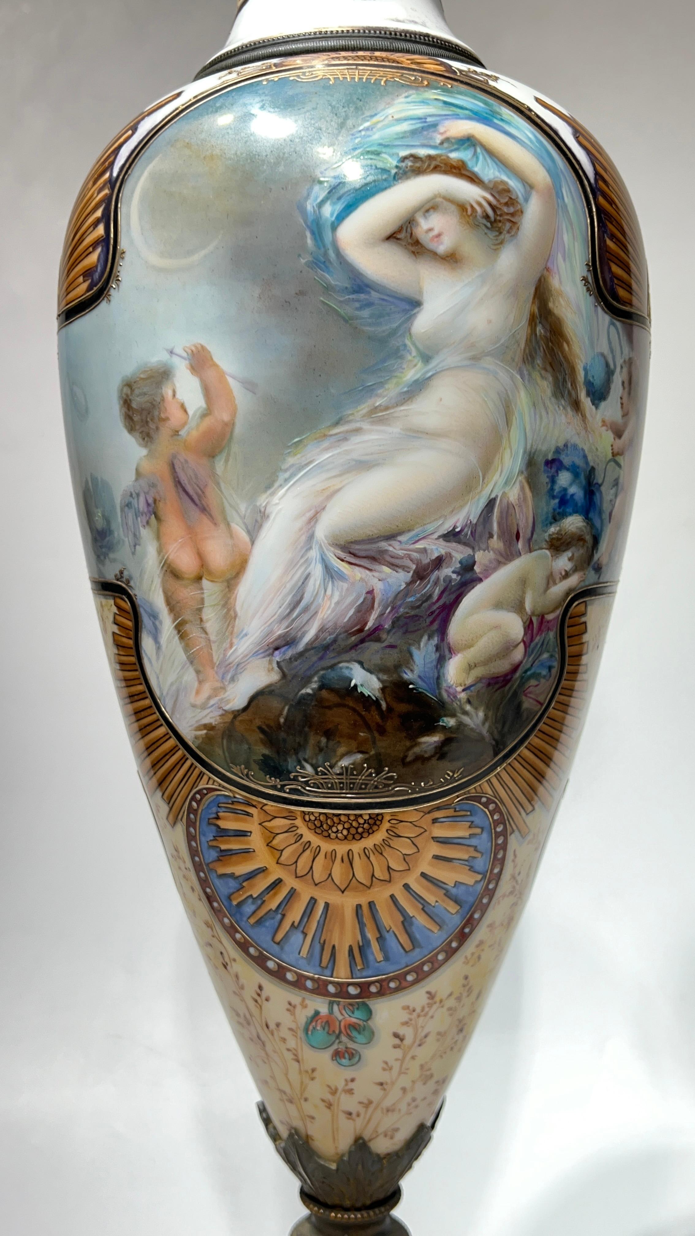 Exceptional 19th C Neoclassical Sevres Style Porcelain Bronze Vase with Cover For Sale 1