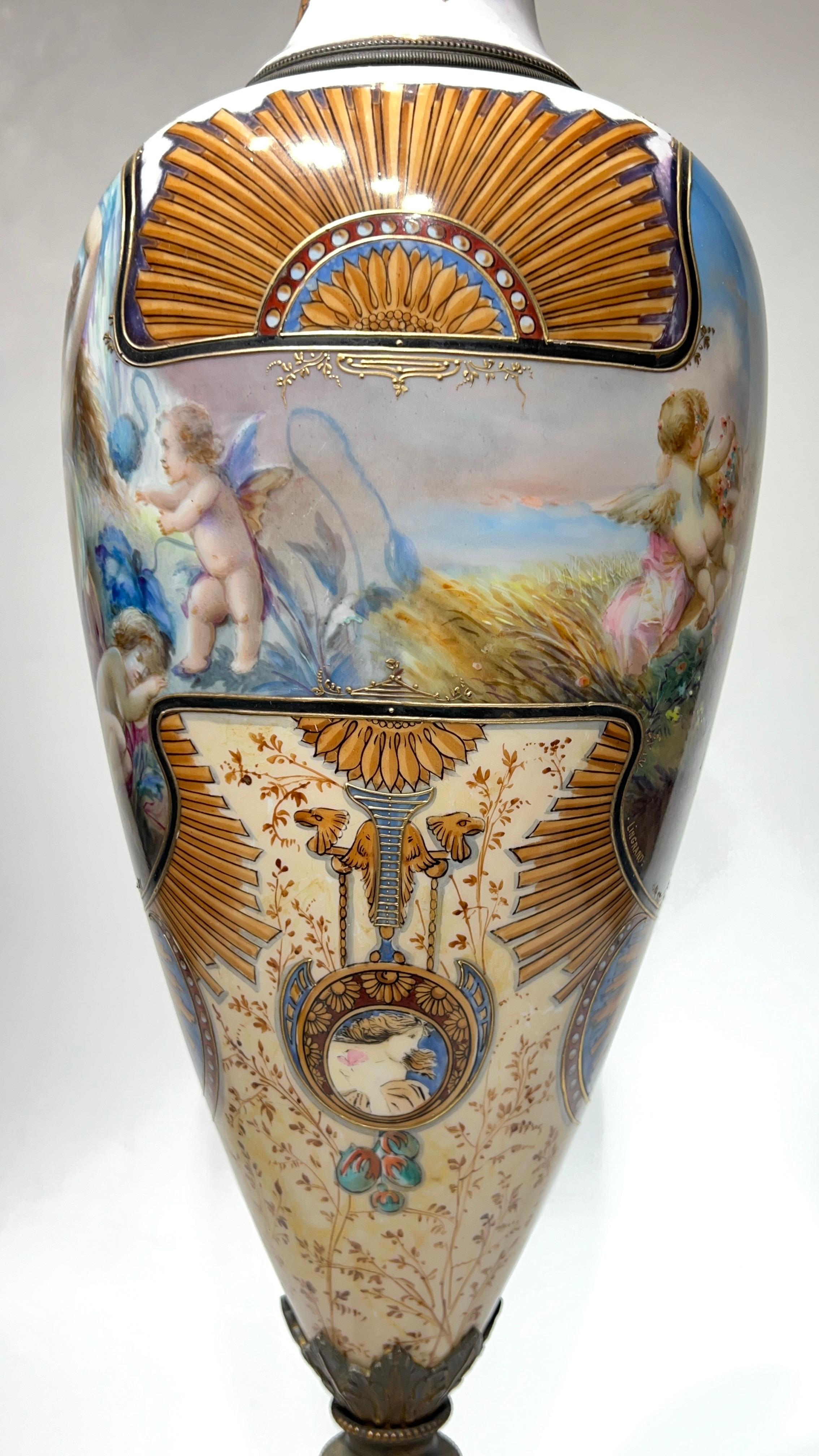 Exceptional 19th C Neoclassical Sevres Style Porcelain Bronze Vase with Cover For Sale 2