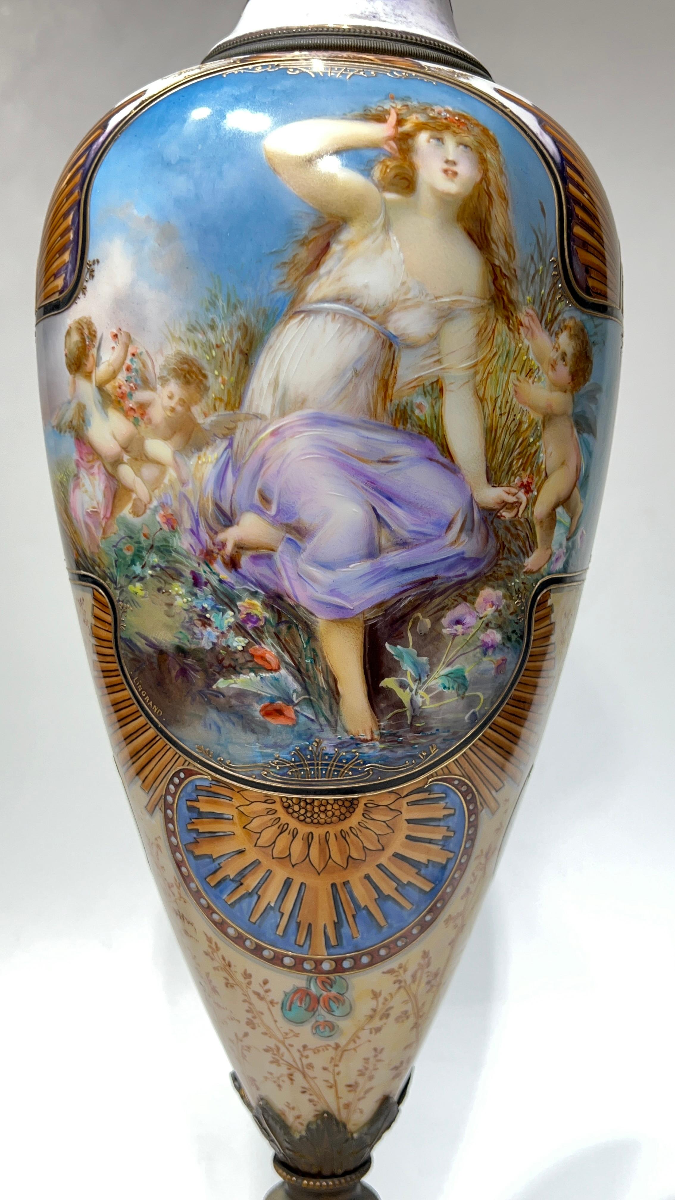 Exceptional 19th C Neoclassical Sevres Style Porcelain Bronze Vase with Cover For Sale 3