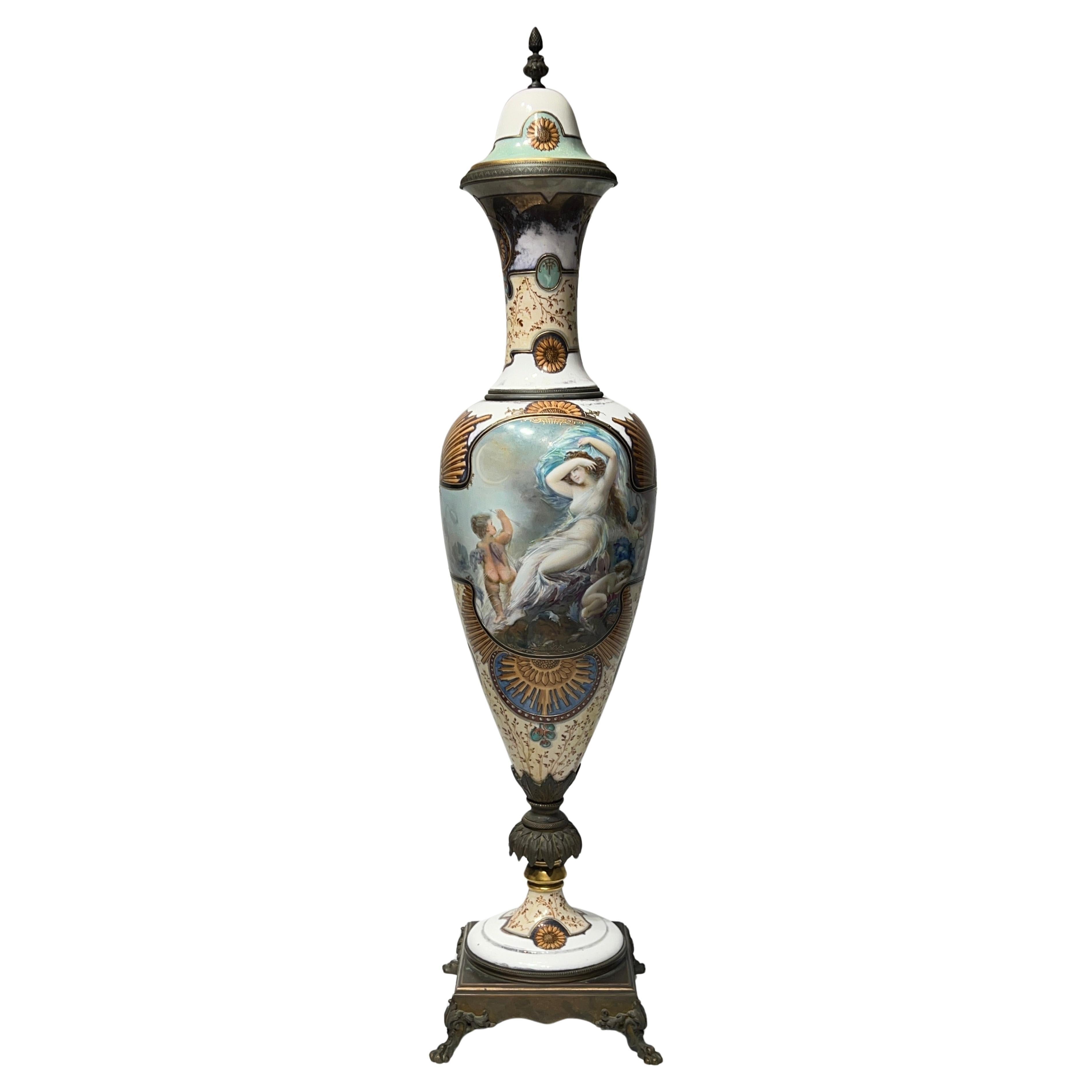 Exceptional 19th C Neoclassical Sevres Style Porcelain Bronze Vase with Cover For Sale