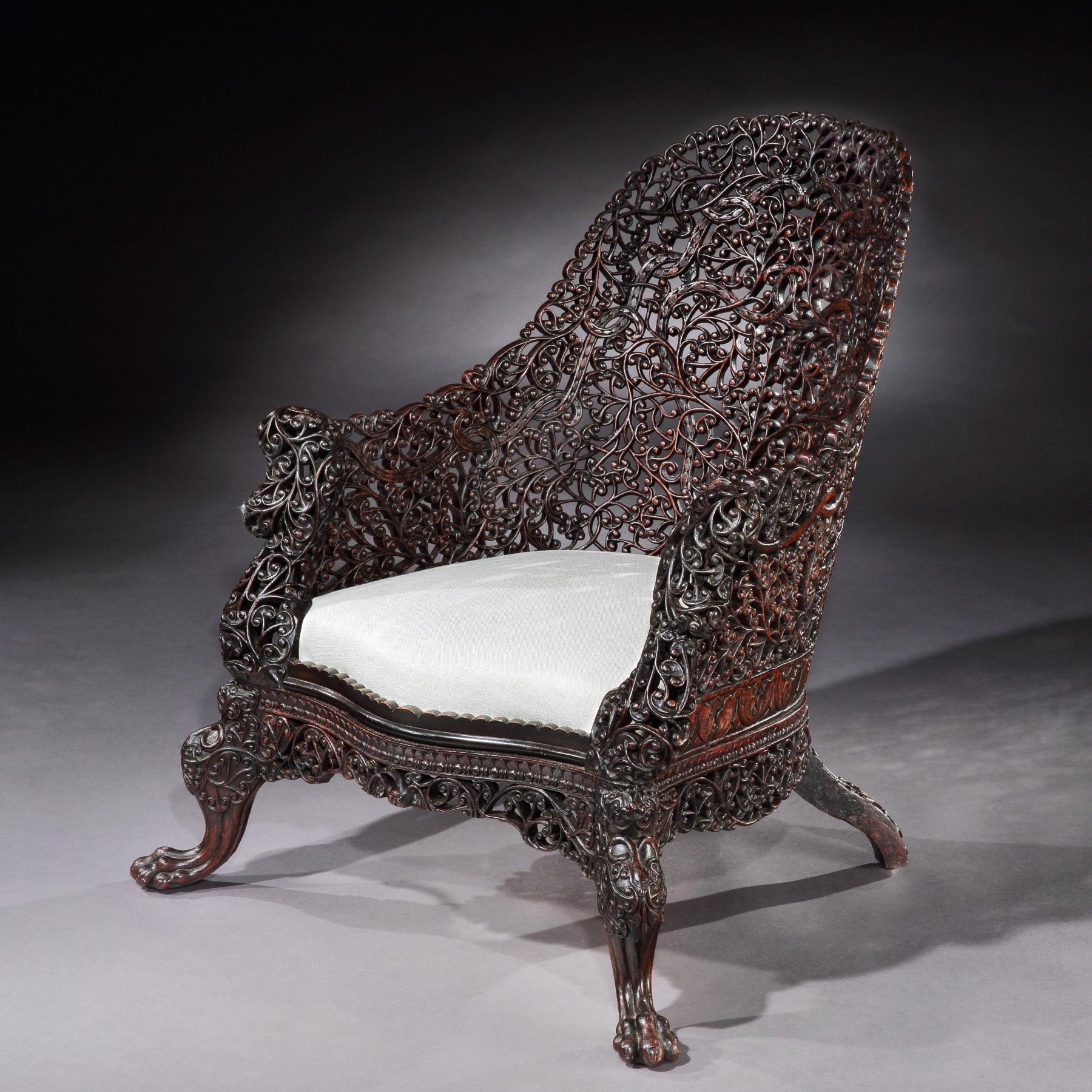 Exceptional 19th Century Anglo-Indian Carved Teak Armchair 1