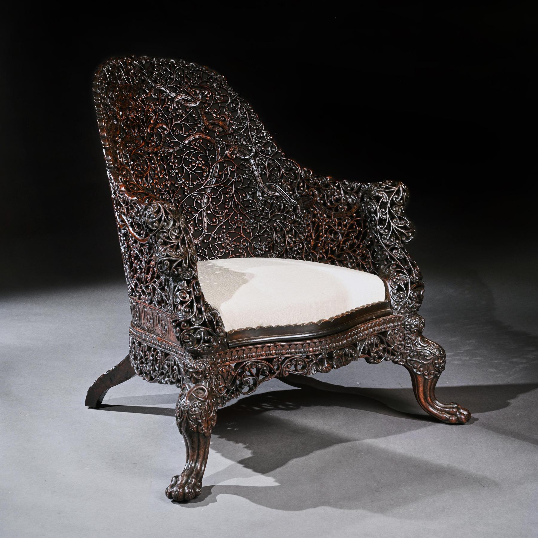 Exceptional 19th Century Anglo-Indian Carved Teak Armchair 2
