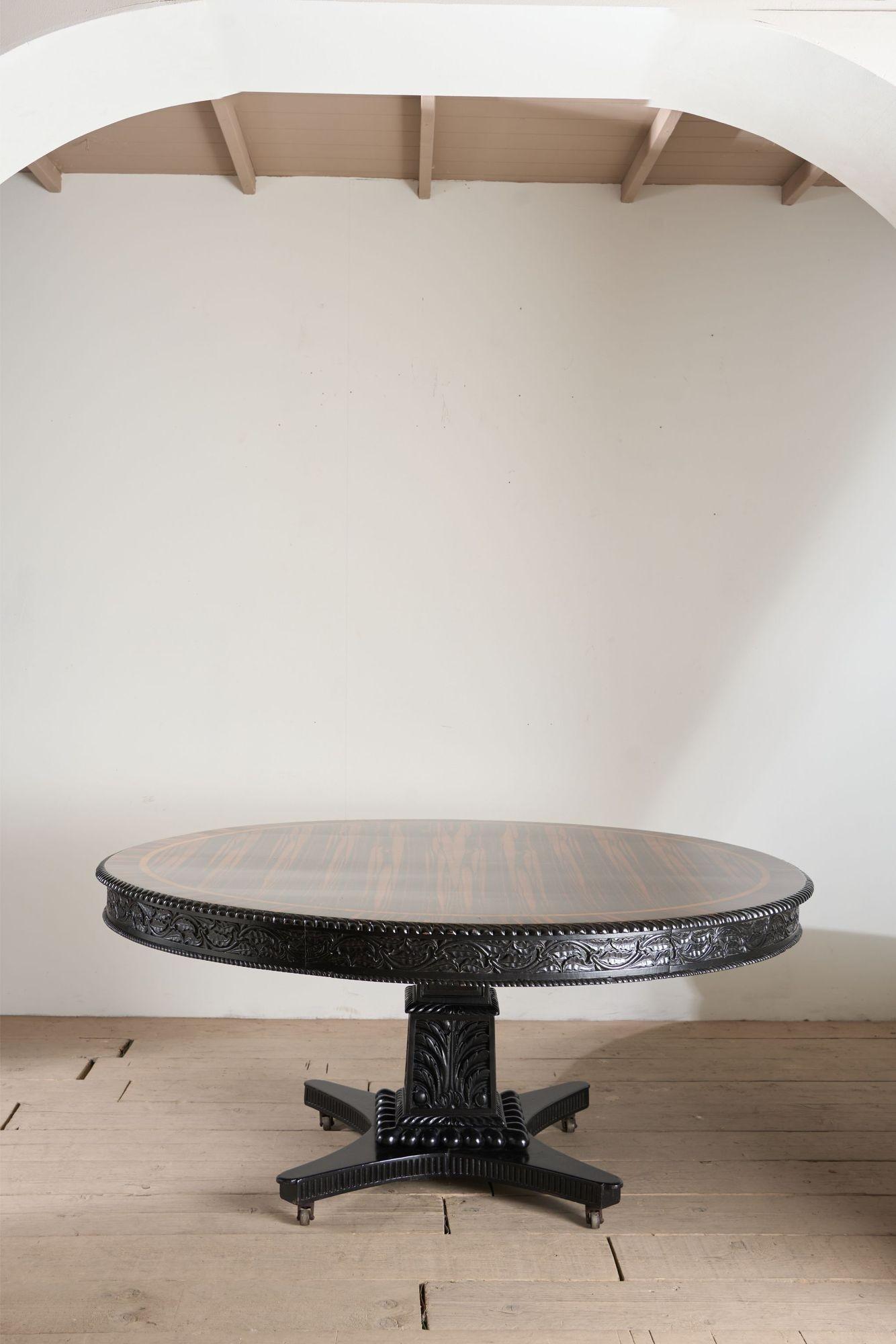 This is a truly exceptional piece of Anglo-Indian furniture. Made from ebonised padouk, ebony and Coromandel with maple inlaid boarder. The figuring to the Coromandel timber is fabulous and is what makes this table so impressive and rare. Coromandel