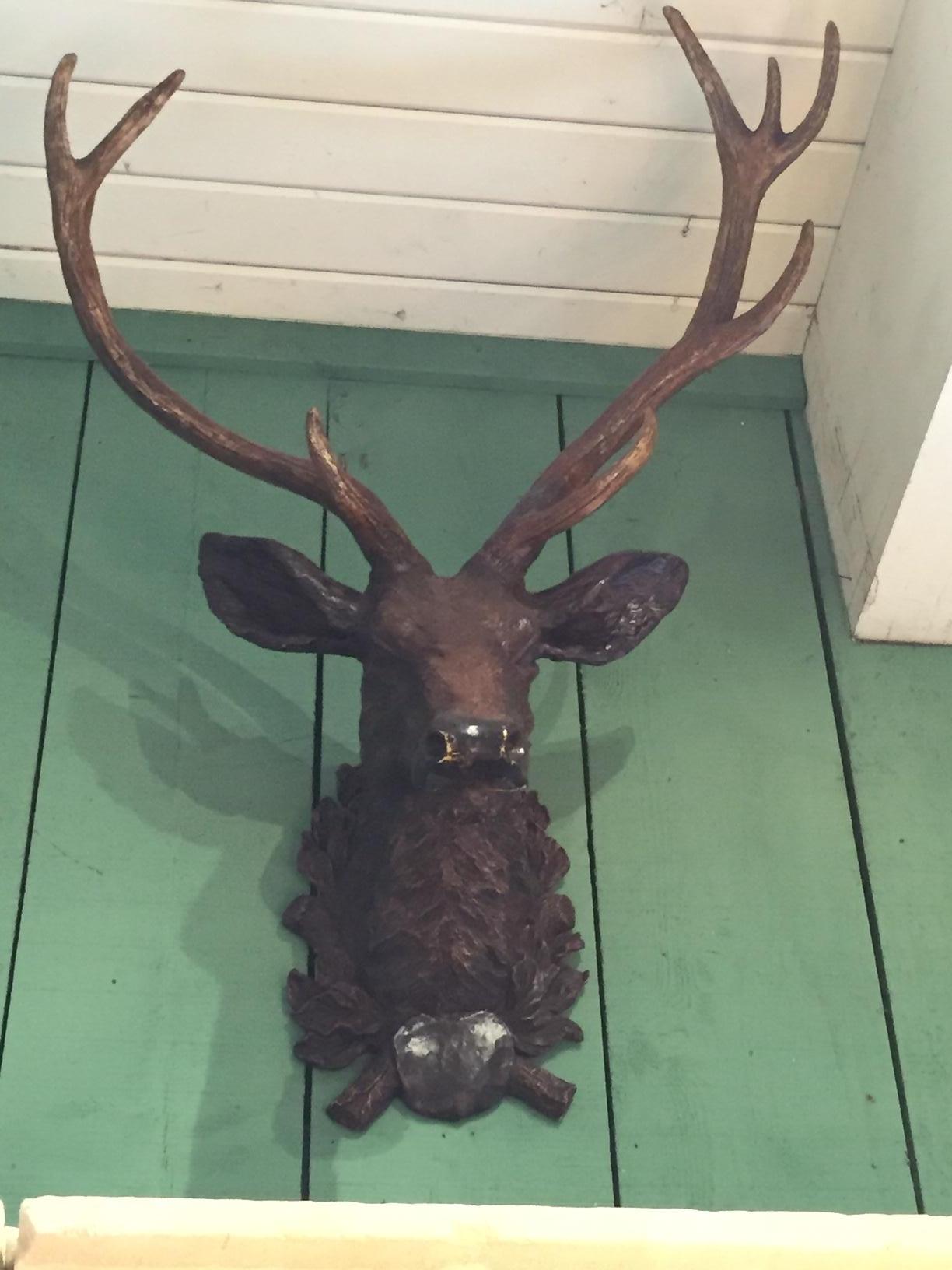 Hand-Crafted 19th C Black Forest Stag Head Antler wall mount deer Sculpture Statue LA antique