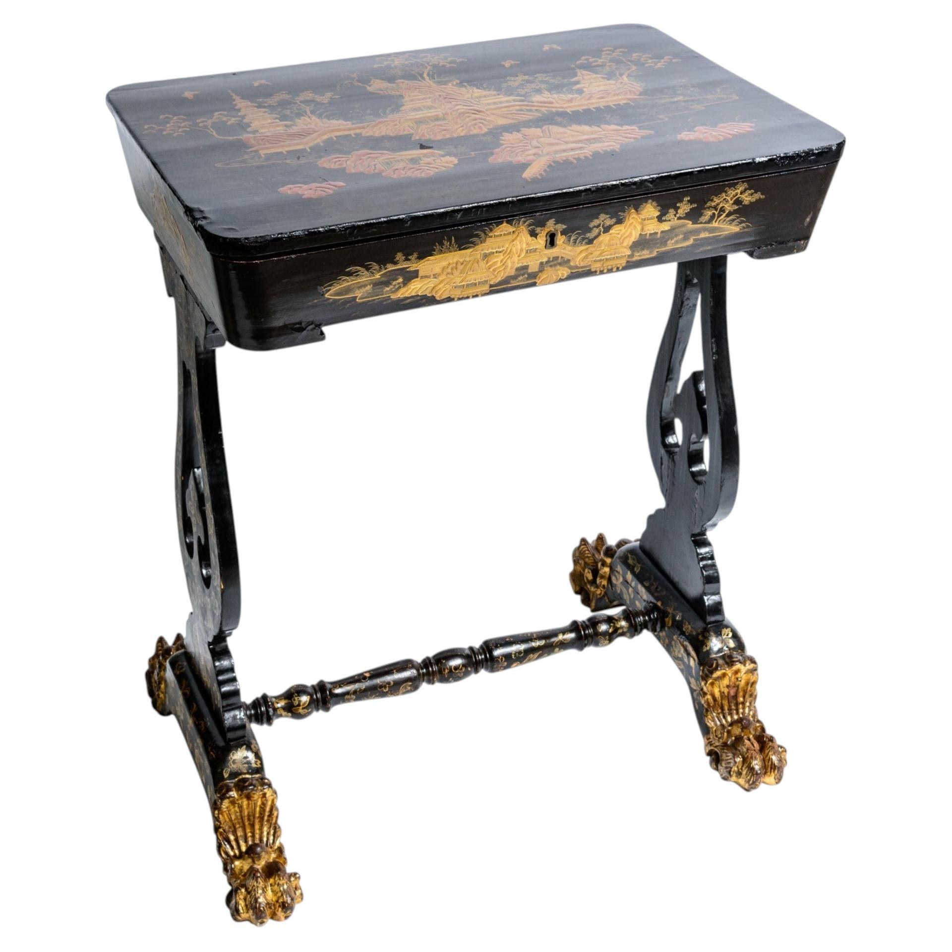 Exceptional 19th Century Chinoiserie Lacquer Work Table For Sale