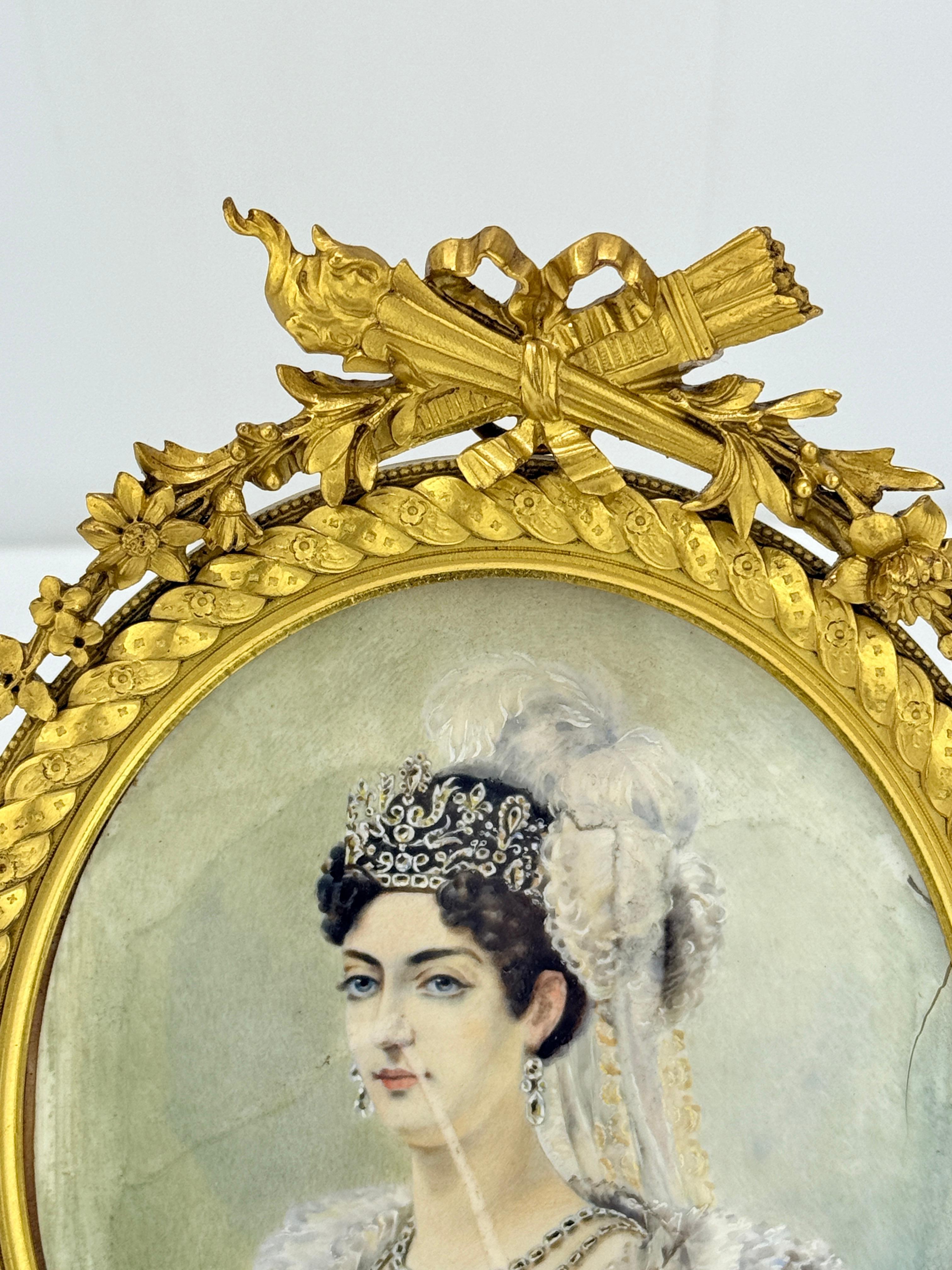 Exceptionnel cadre en bronze français du 19ème siècle avec une peinture de portrait de Josephine Bon état - En vente à Atlanta, GA