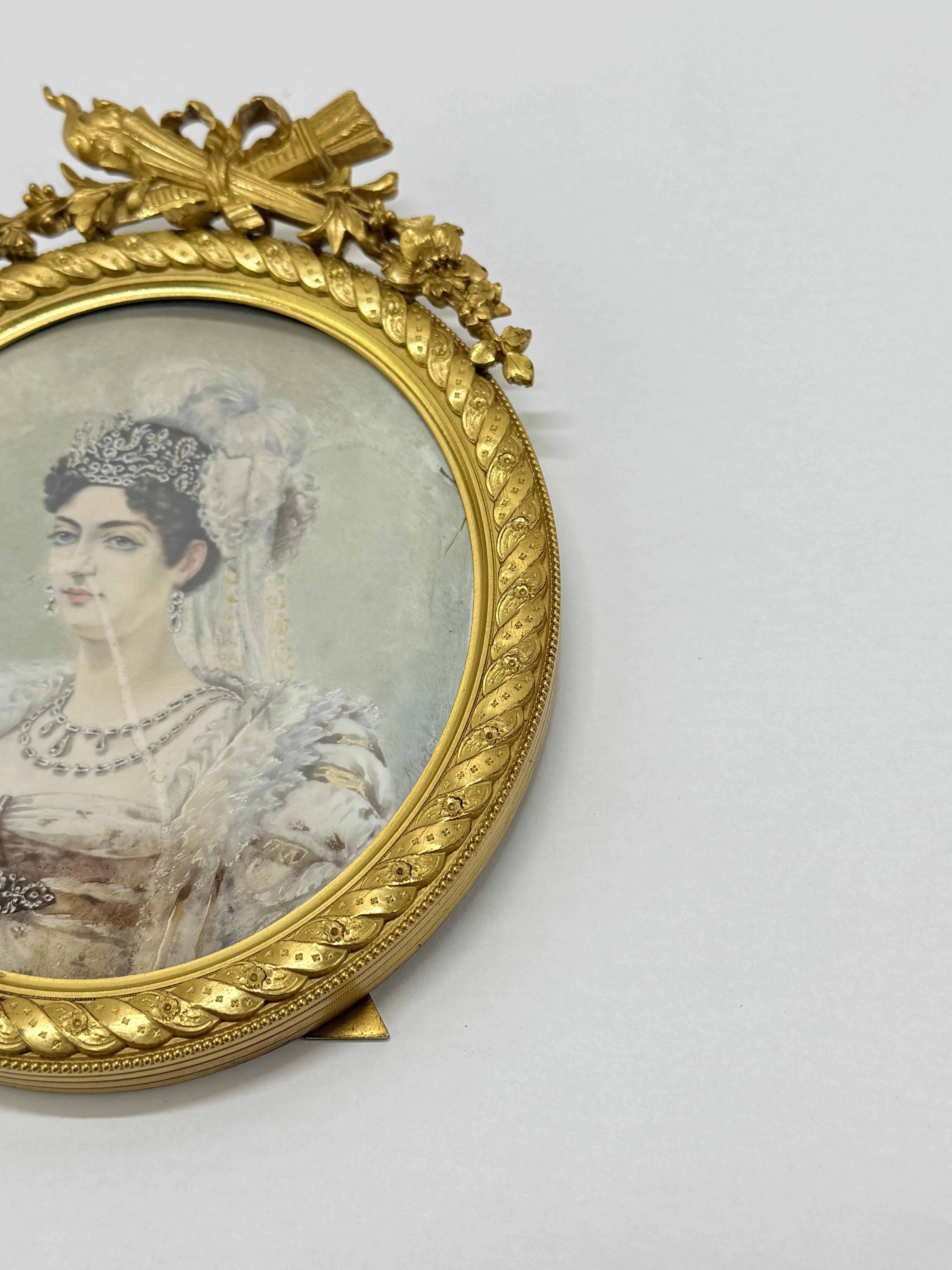 Bronze Exceptionnel cadre en bronze français du 19ème siècle avec une peinture de portrait de Josephine en vente