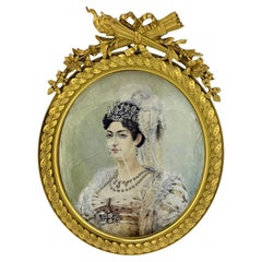 Antique Exceptional 19th Century French Bronze Frame w/ Portrait Painting of Josephine