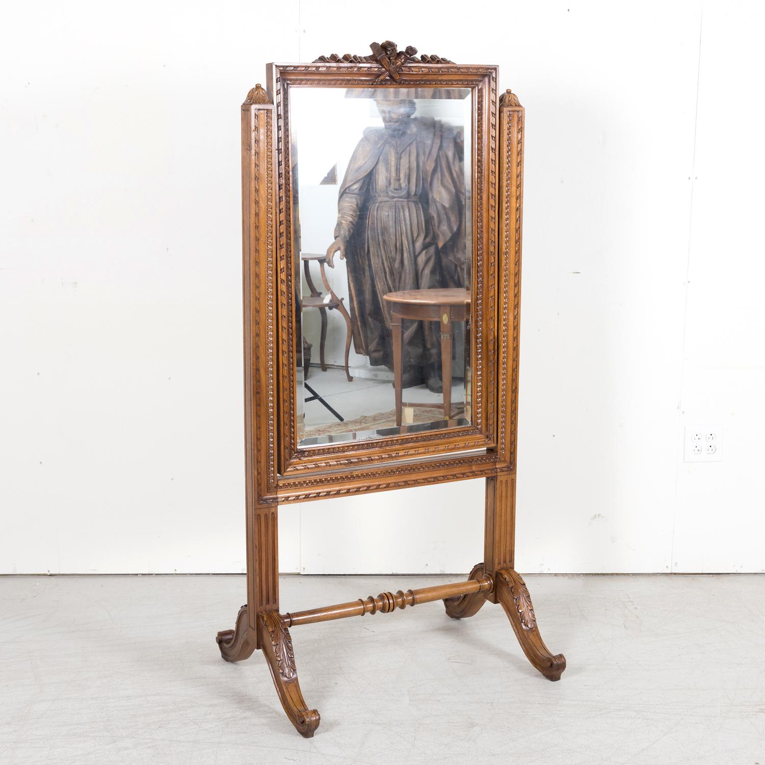 Exceptional 19th Century French Louis XVI Style Carved Walnut Cheval Mirror For Sale 7