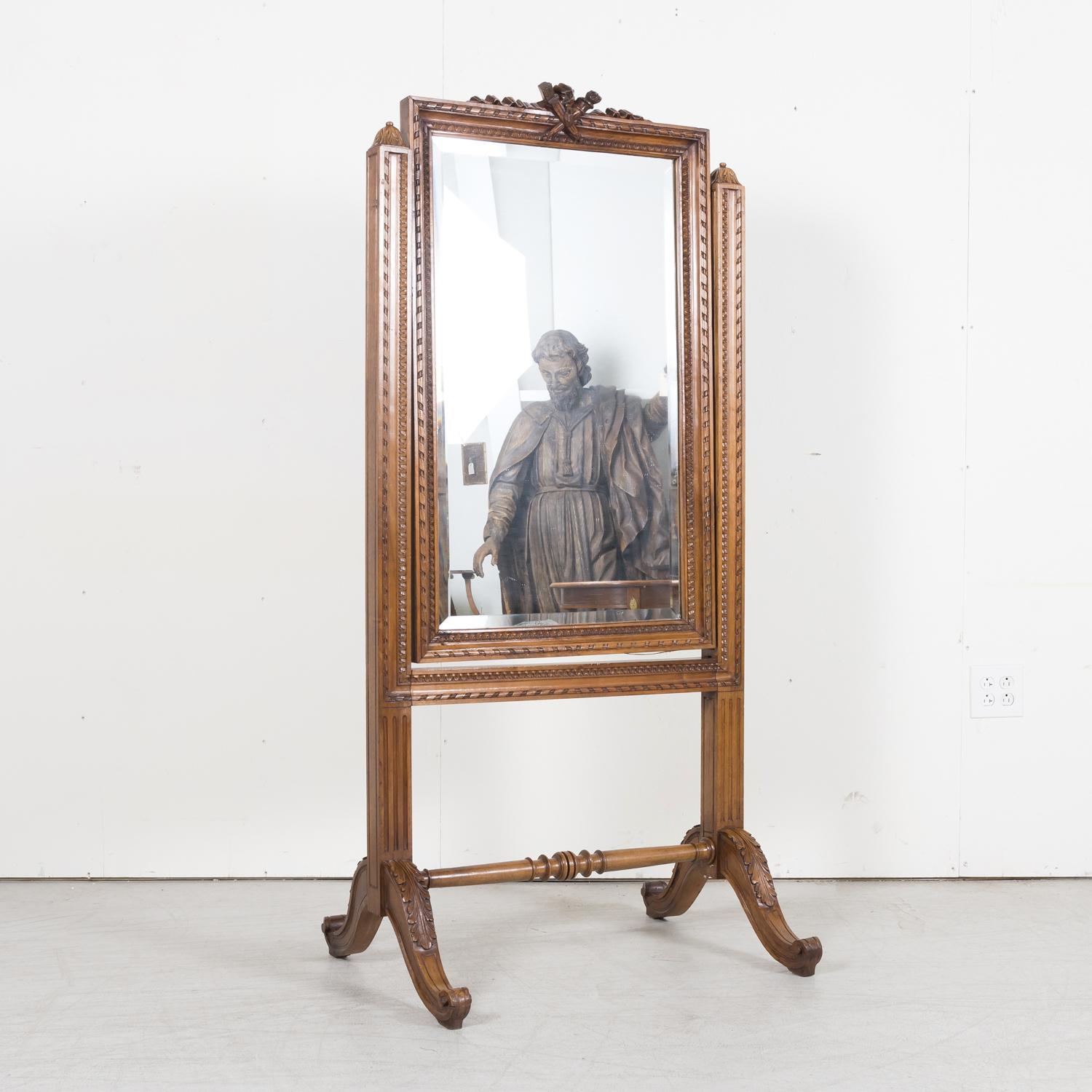 Exceptional 19th Century French Louis XVI Style Carved Walnut Cheval Mirror For Sale 8