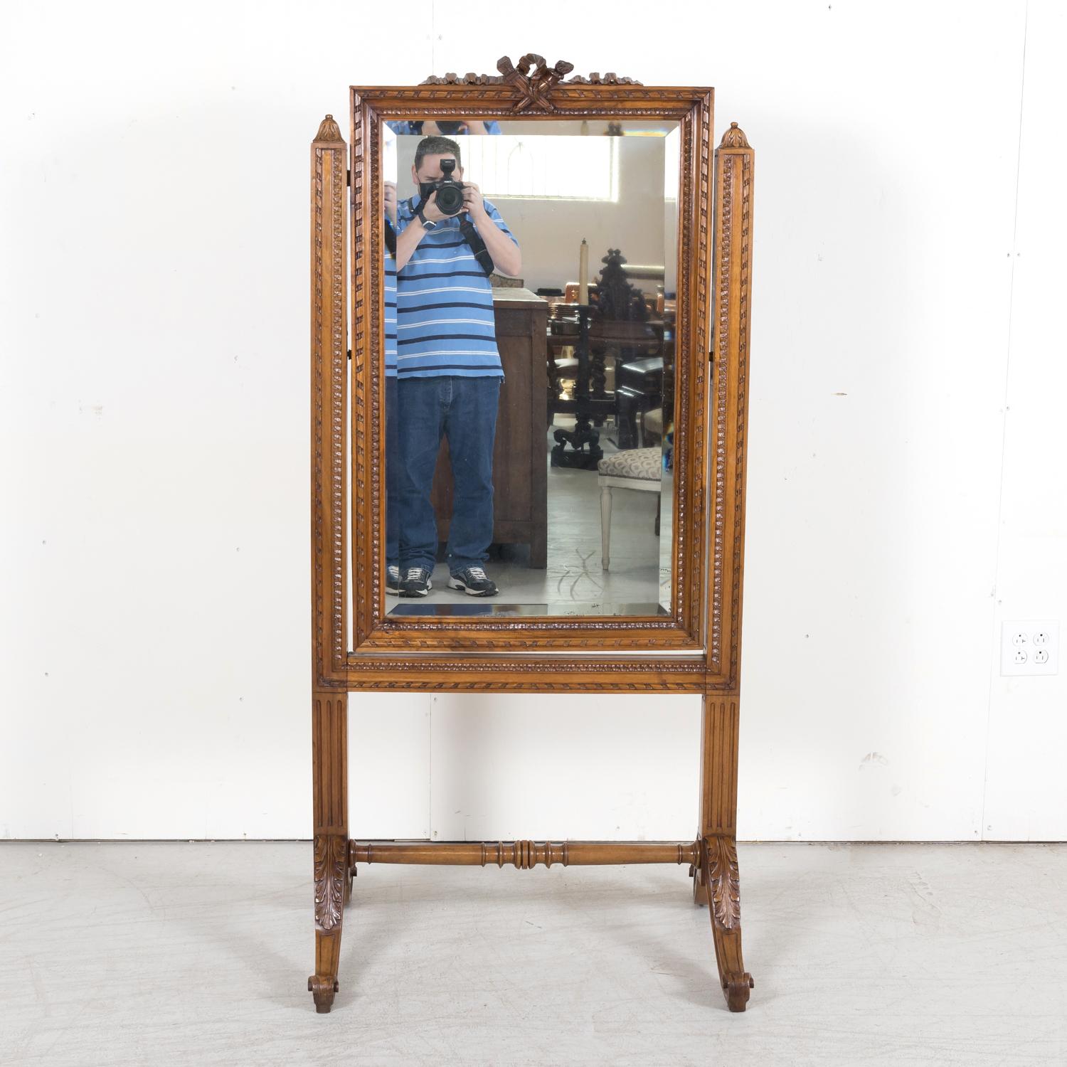 Exceptional 19th Century French Louis XVI Style Carved Walnut Cheval Mirror In Good Condition For Sale In Birmingham, AL