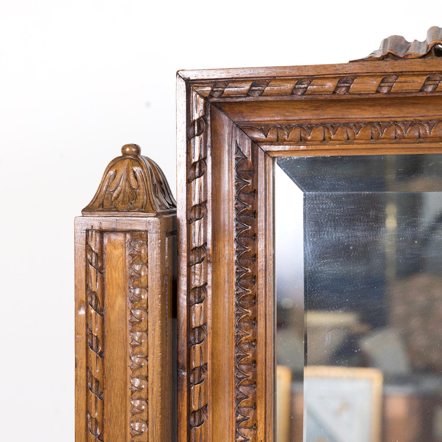 Exceptional 19th Century French Louis XVI Style Carved Walnut Cheval Mirror For Sale 2