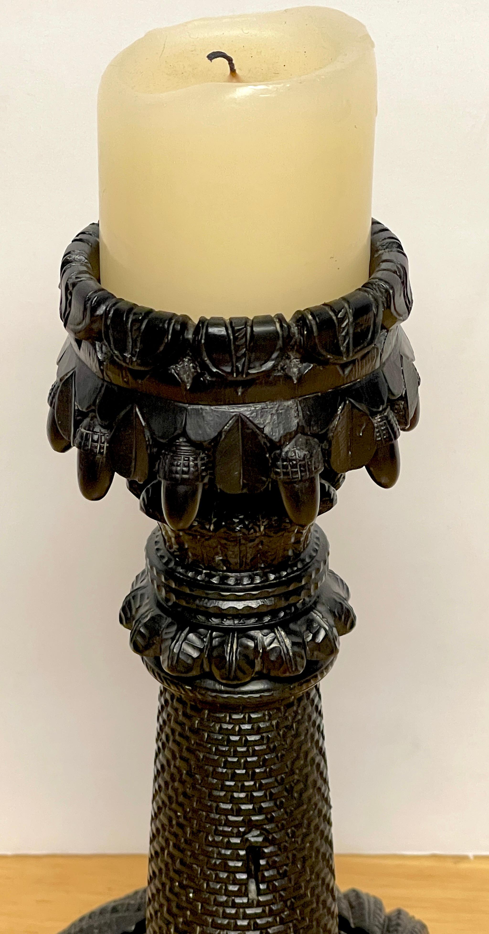 High Victorian Exceptional 19th Century Irish Carved Bog Wood Castle Motif Candlestick  For Sale