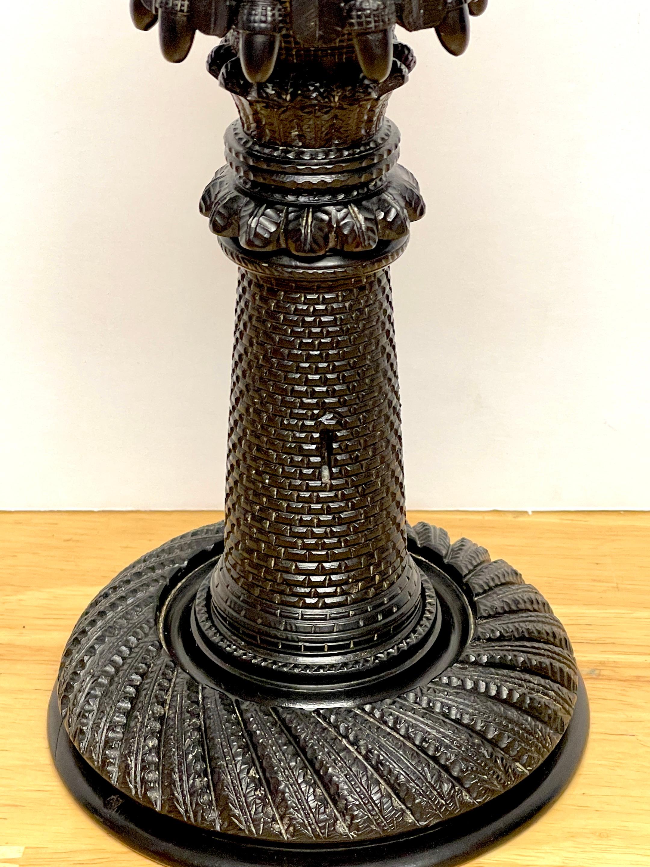 High Victorian Exceptional 19th Century Irish Carved Bog Wood Castle Motif Candlestick For Sale