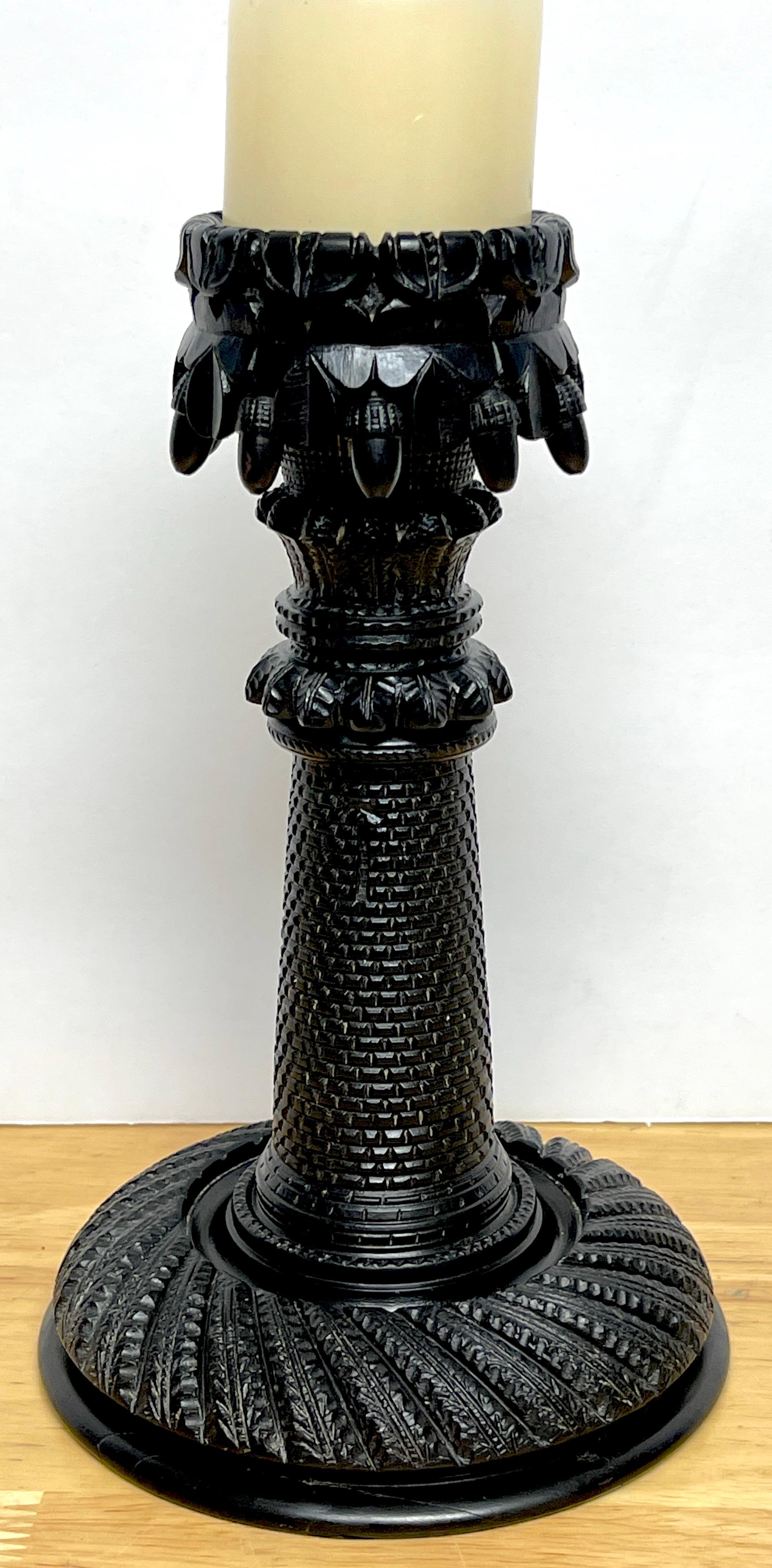 Hand-Carved Exceptional 19th Century Irish Carved Bog Wood Castle Motif Candlestick  For Sale
