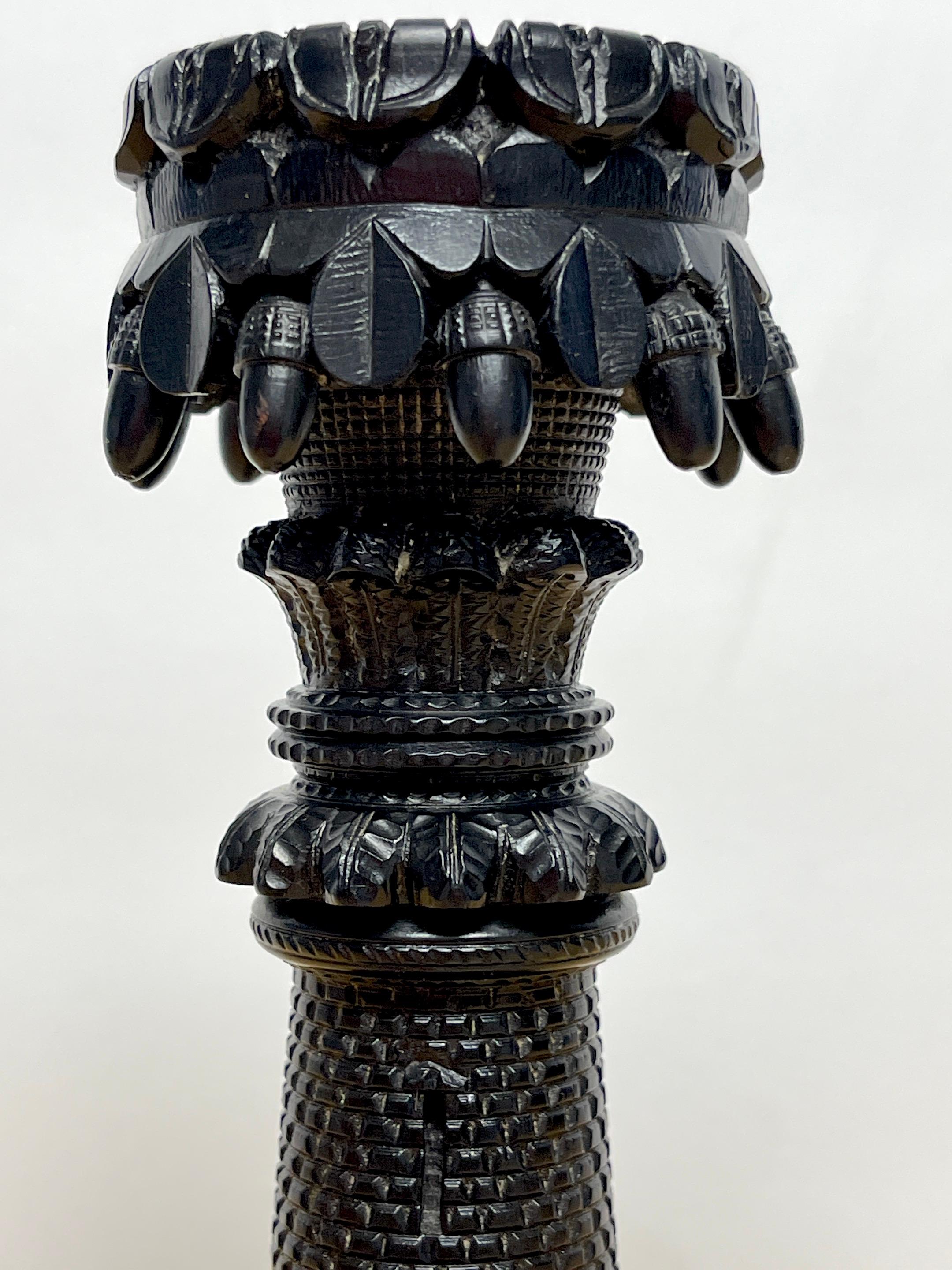 Exceptional 19th Century Irish Carved Bog Wood Castle Motif Candlestick  In Good Condition For Sale In West Palm Beach, FL