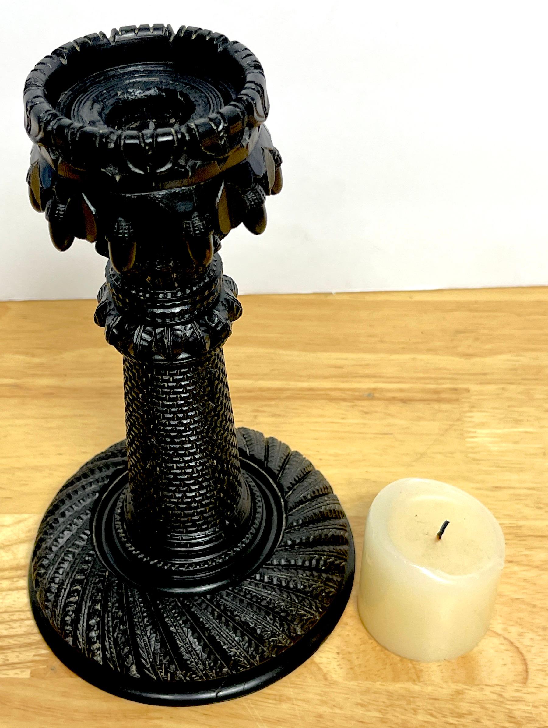 Exceptional 19th Century Irish Carved Bog Wood Castle Motif Candlestick  For Sale 1
