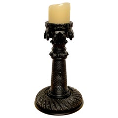 Exceptional 19th Century Irish Carved Bog Wood Castle Motif Candlestick