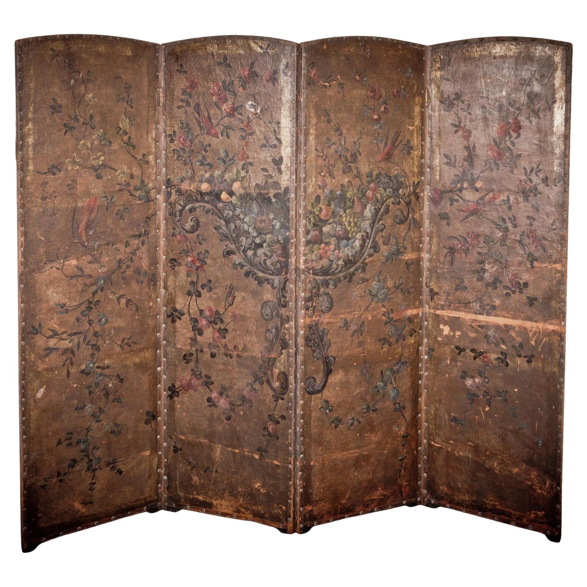 Exceptional 19th Century Italian Hand-Painted Leather Four-Fold Room Divider