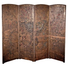 Exceptional 19th Century Italian Hand-Painted Leather Four-Fold Room Divider