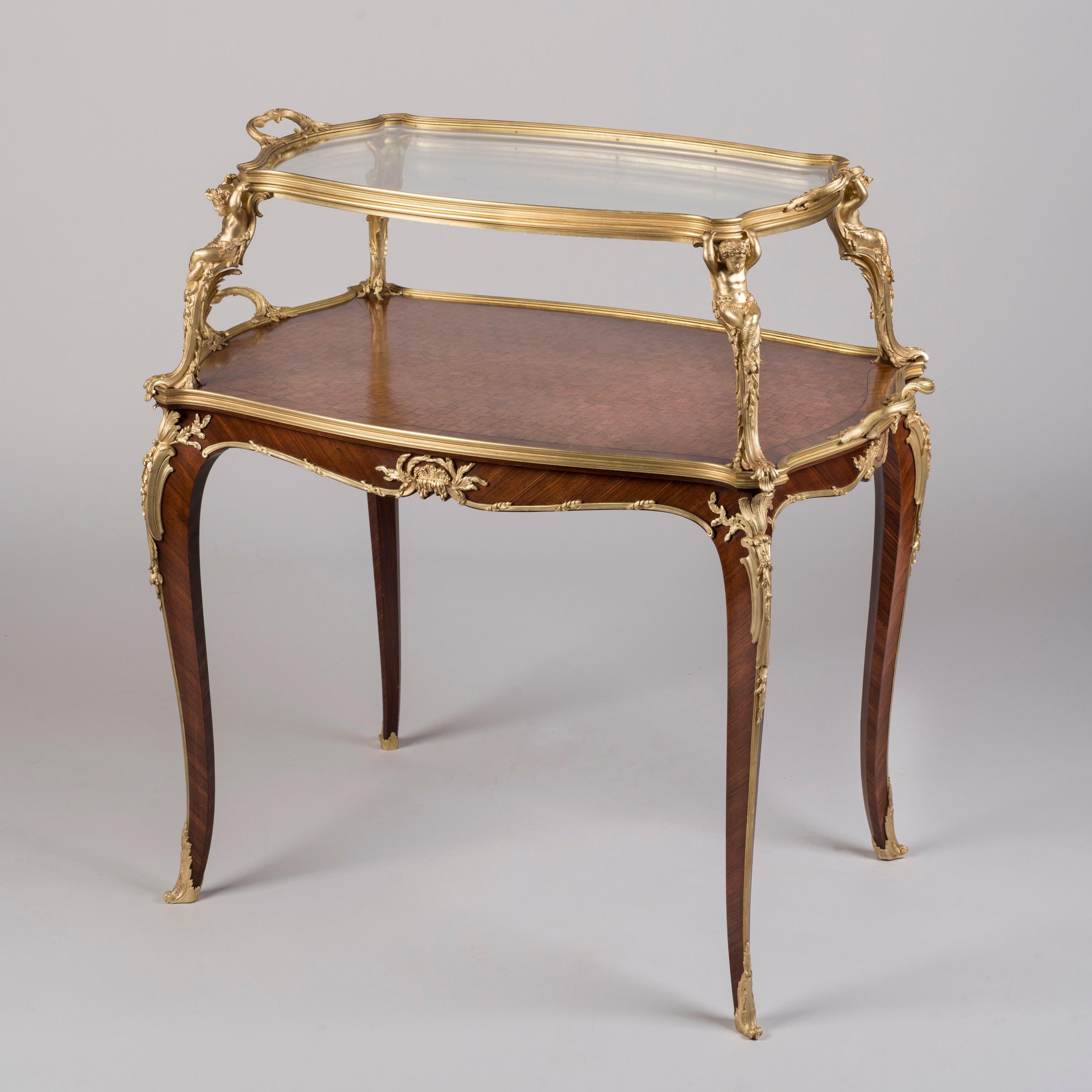 Louis XV Exceptionnelle table à plateau en bois de roi et bronze doré du XIXe siècle par François Linke en vente